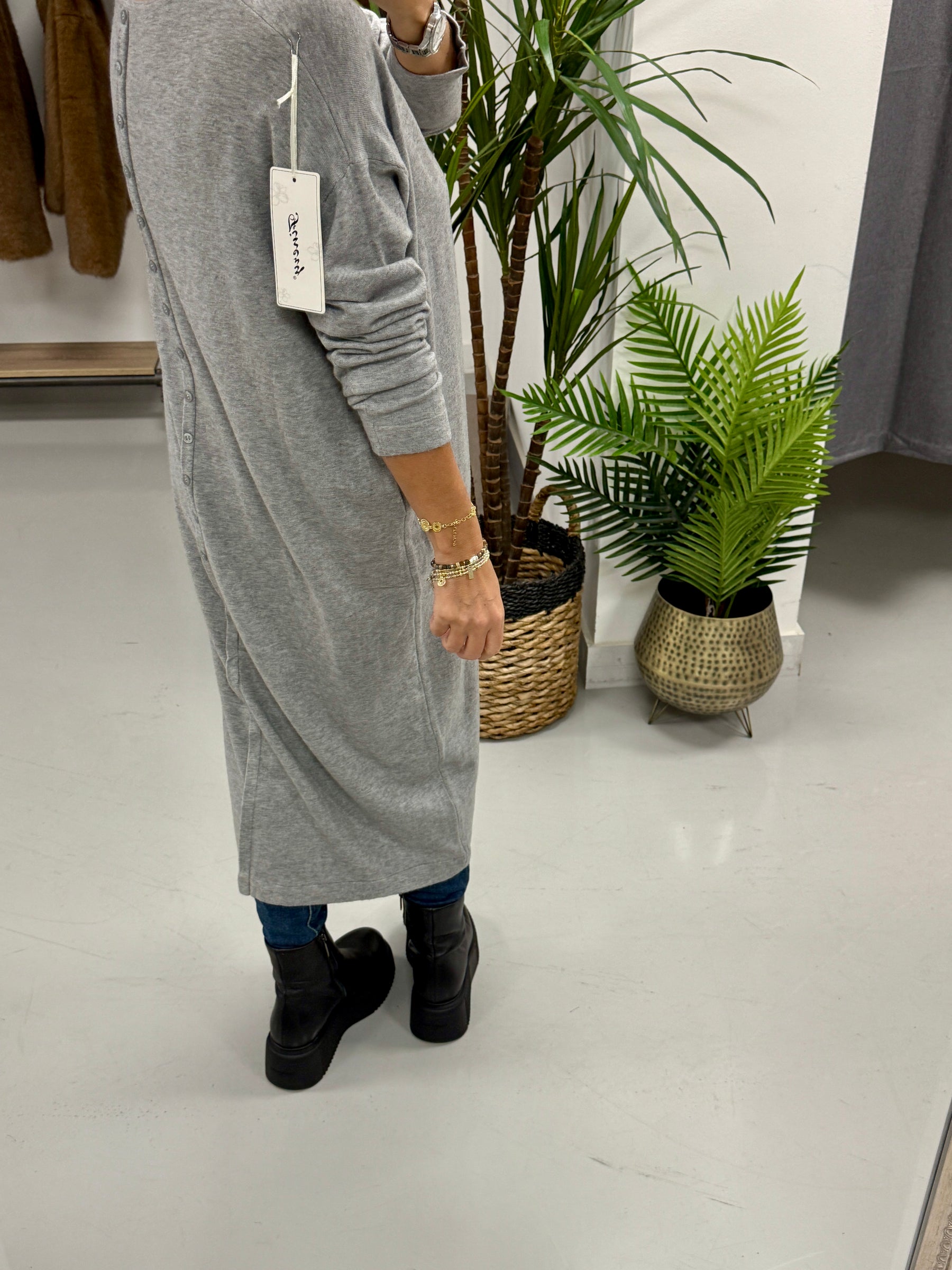 Knitted Button Back Dress - Grey