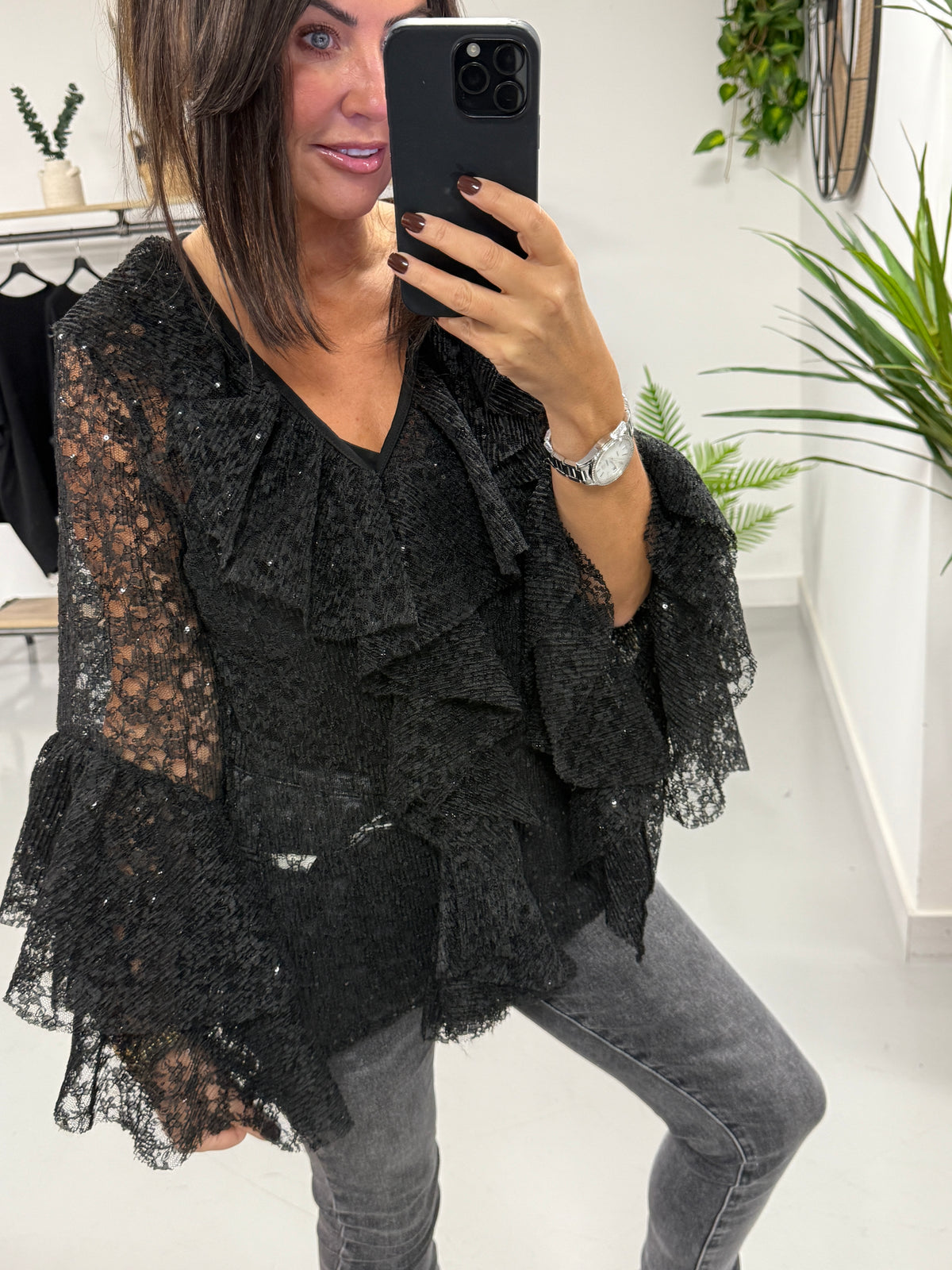 A Touch Of Sparkle Ruffle Blouse - Black