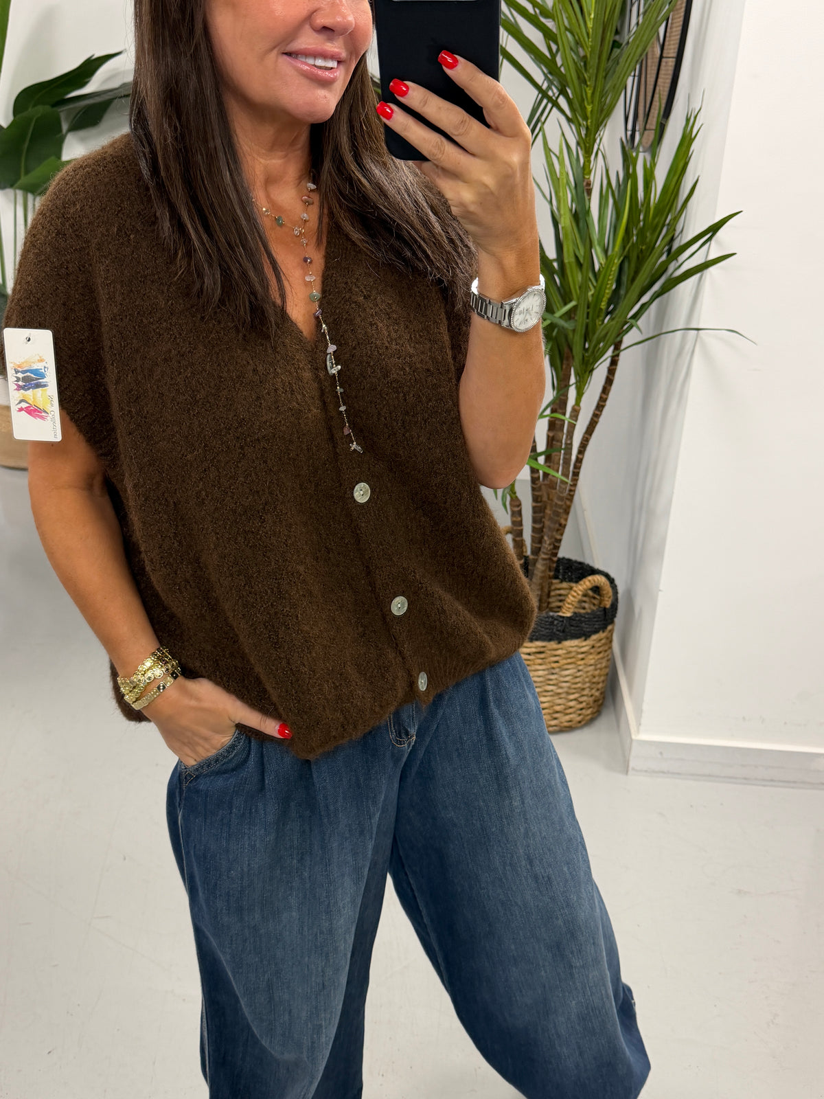Button Up Slouchy Crop Sleeve Knit - Chocolate