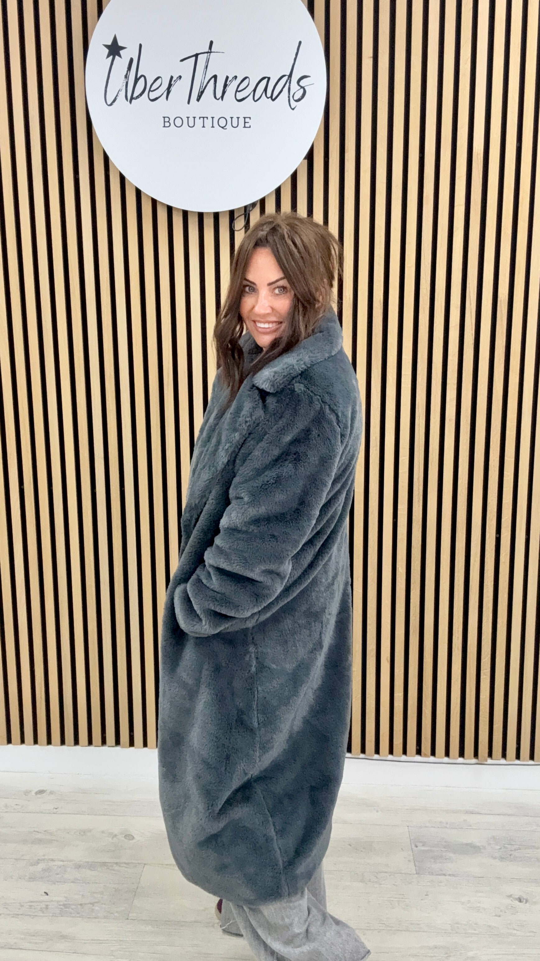 The Safron Longline Faux Fur Coat - Charcoal (Size16/18)