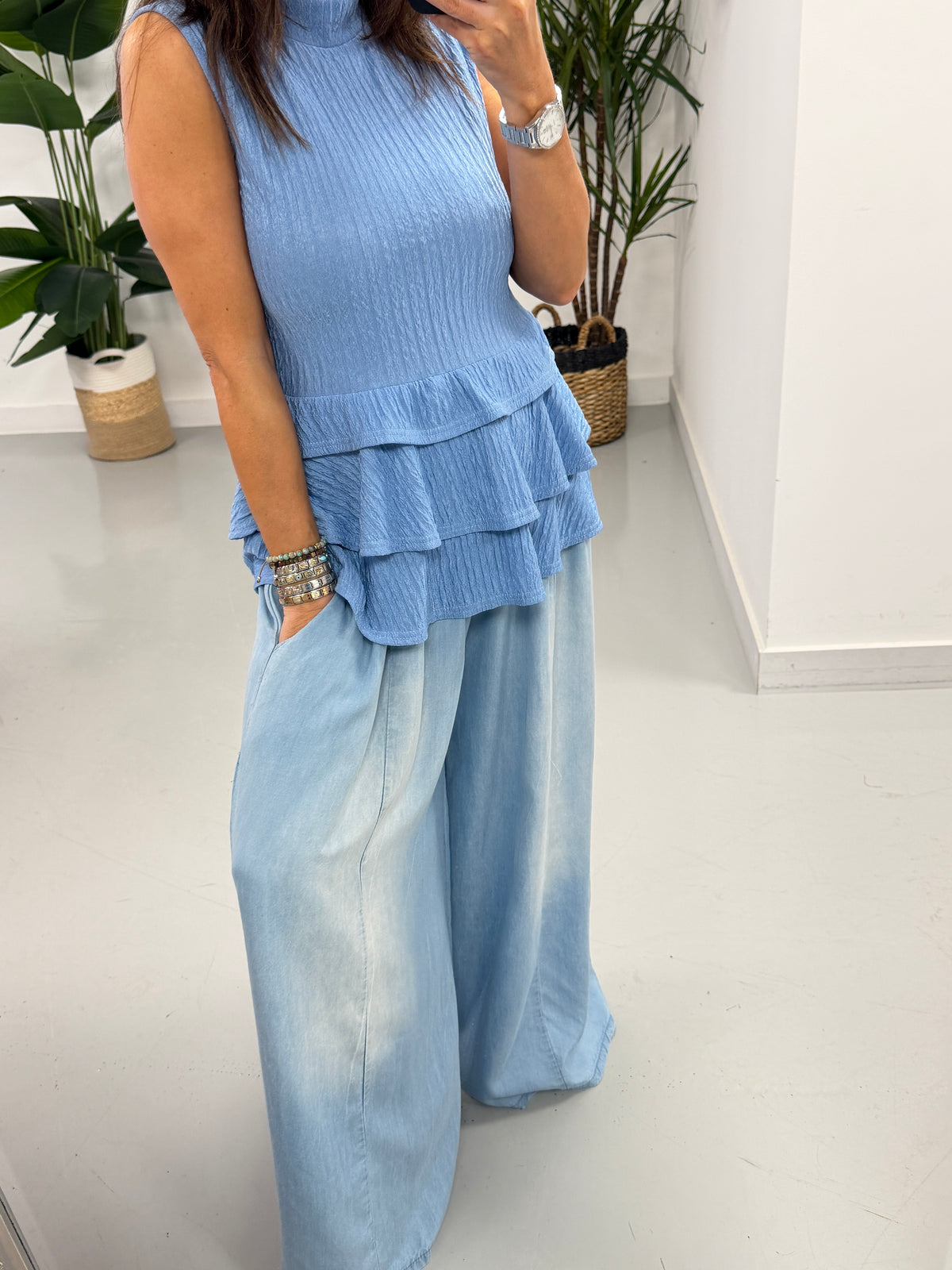 Deniably Denim - Shirred Waist Wide Leg Trouser (Light Wash)