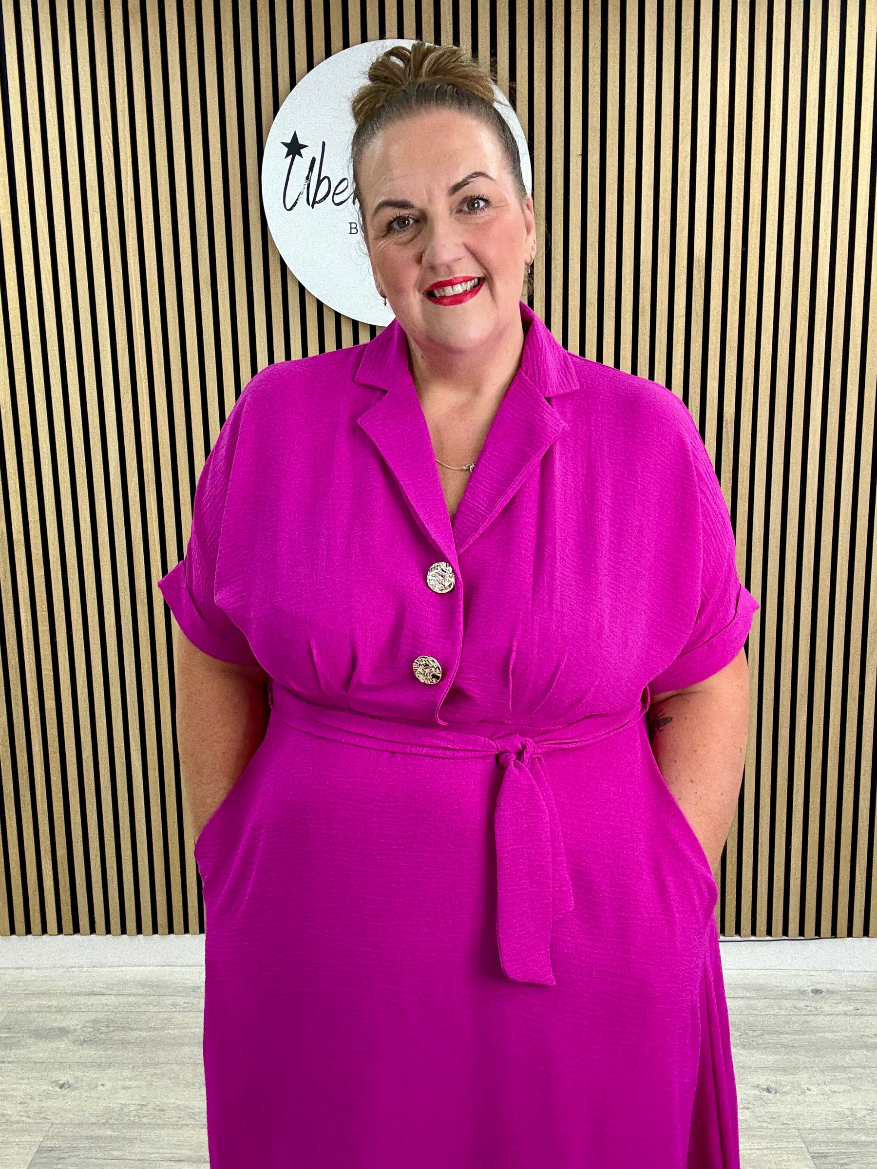 Chunky Button Belted Shirt Dress - Magenta