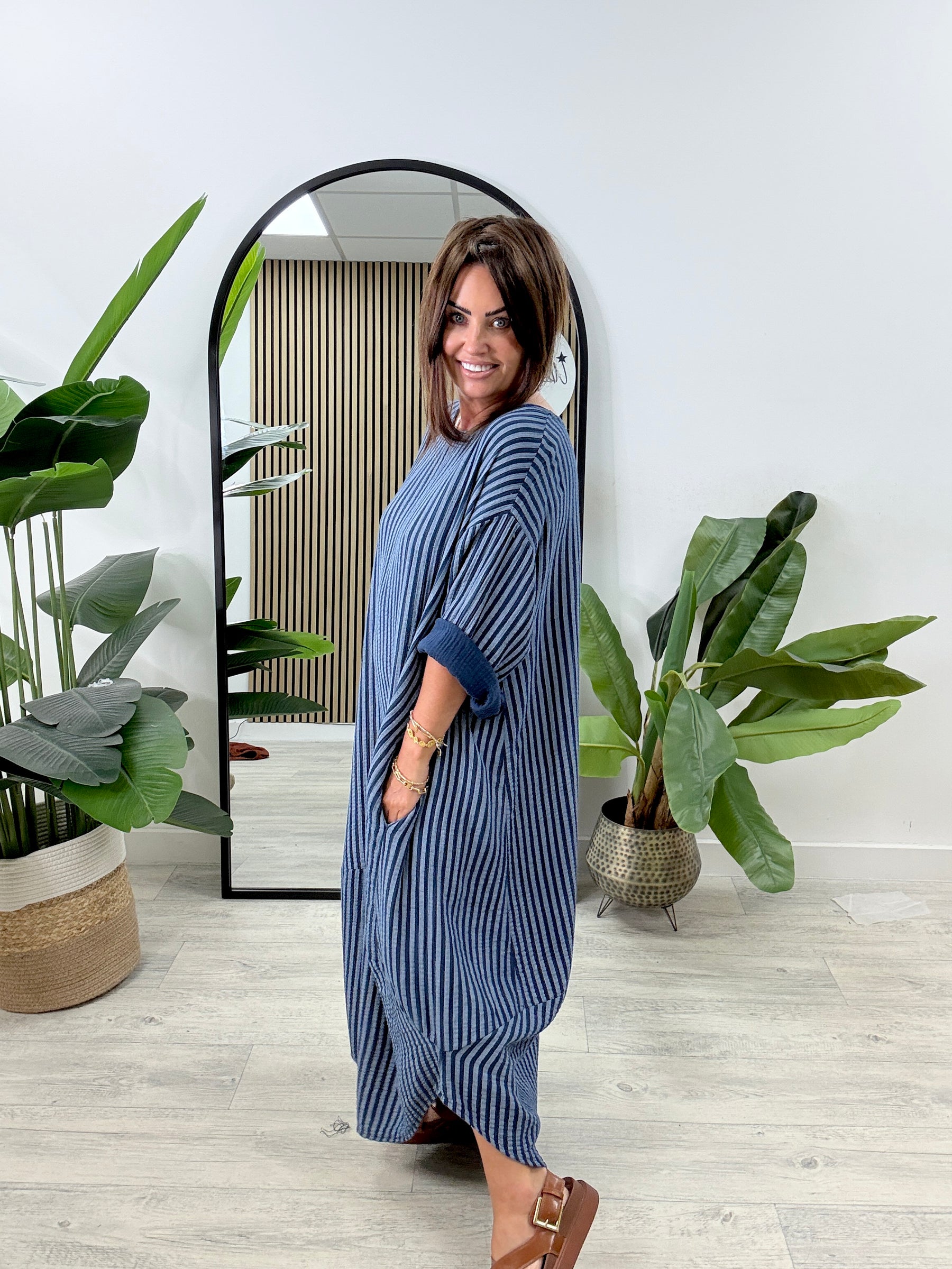 The Cocoon Striped Pocket Dress - Navy