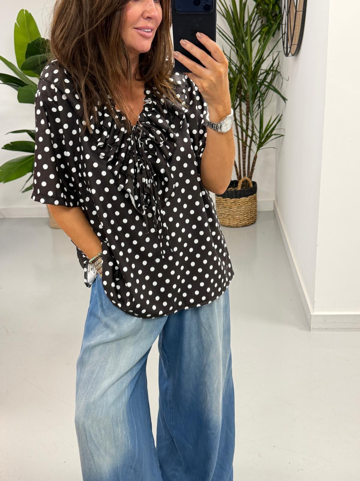 Spot the Double Ruffle Tie Blouse - Darkest Chocolate