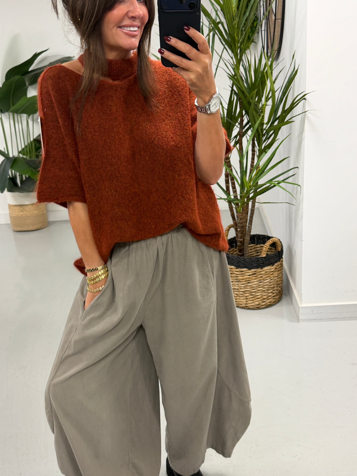 Crop Sleeve Slash Neck Knit - Rust (Size 10-14/16)