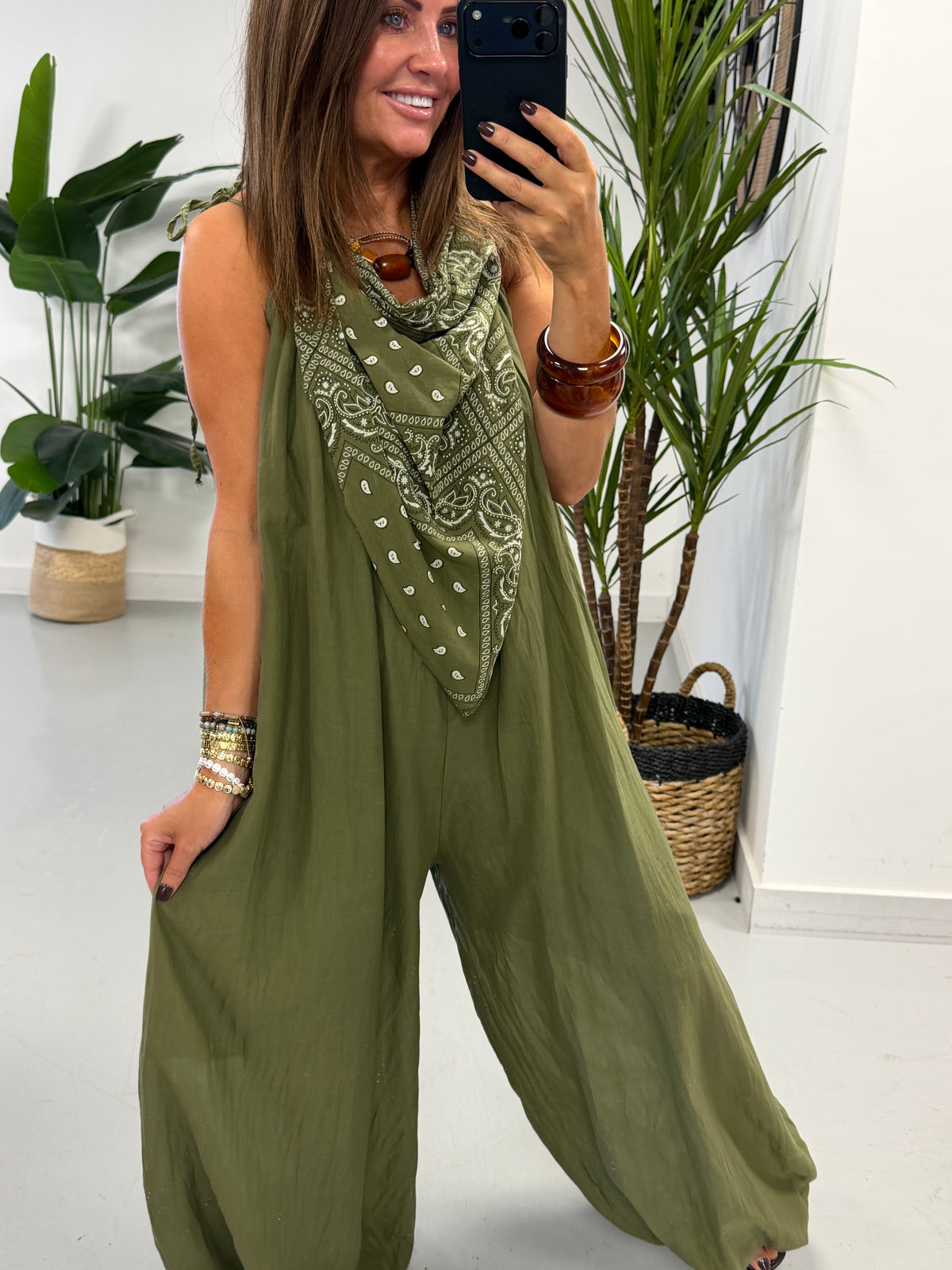Bandana Scarf Jumpsuit - Khaki