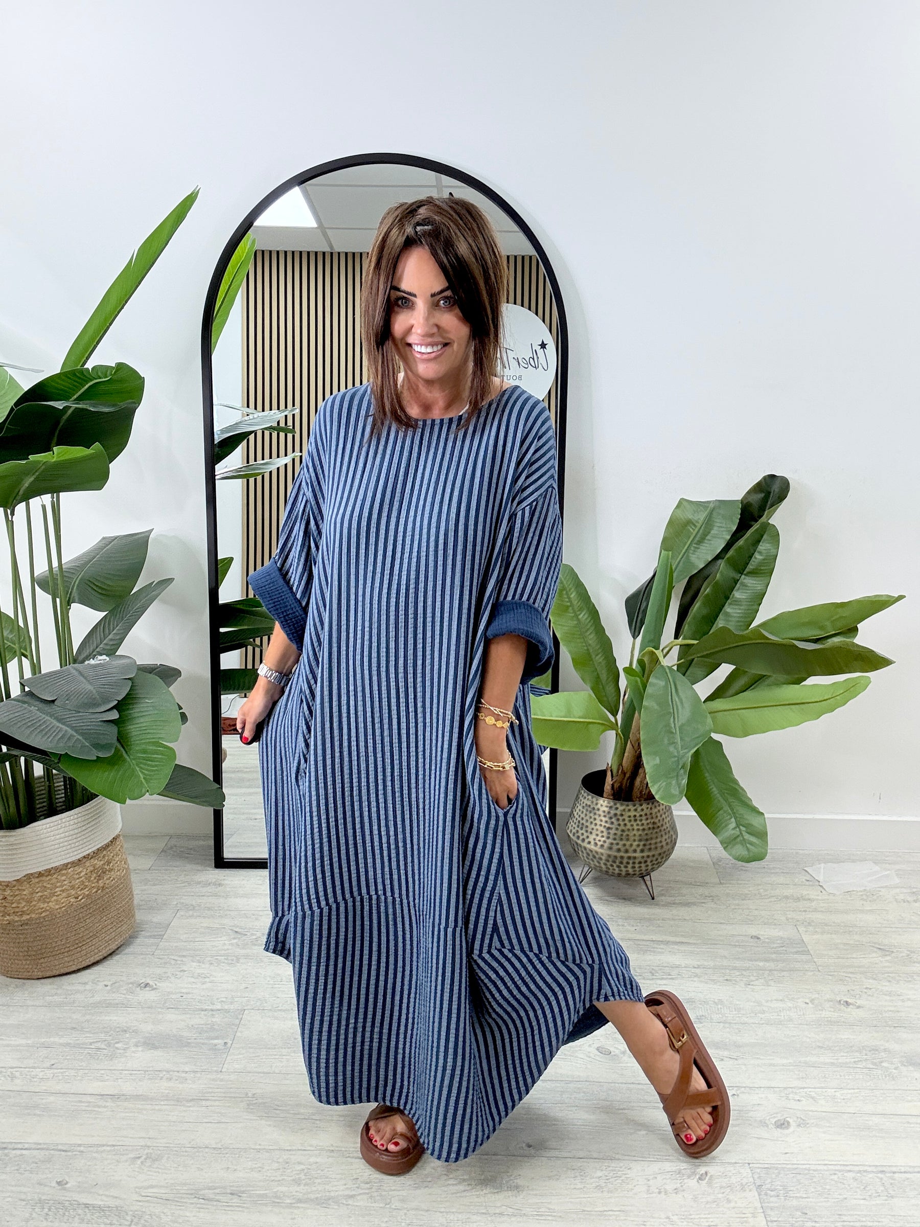 The Cocoon Striped Pocket Dress - Navy
