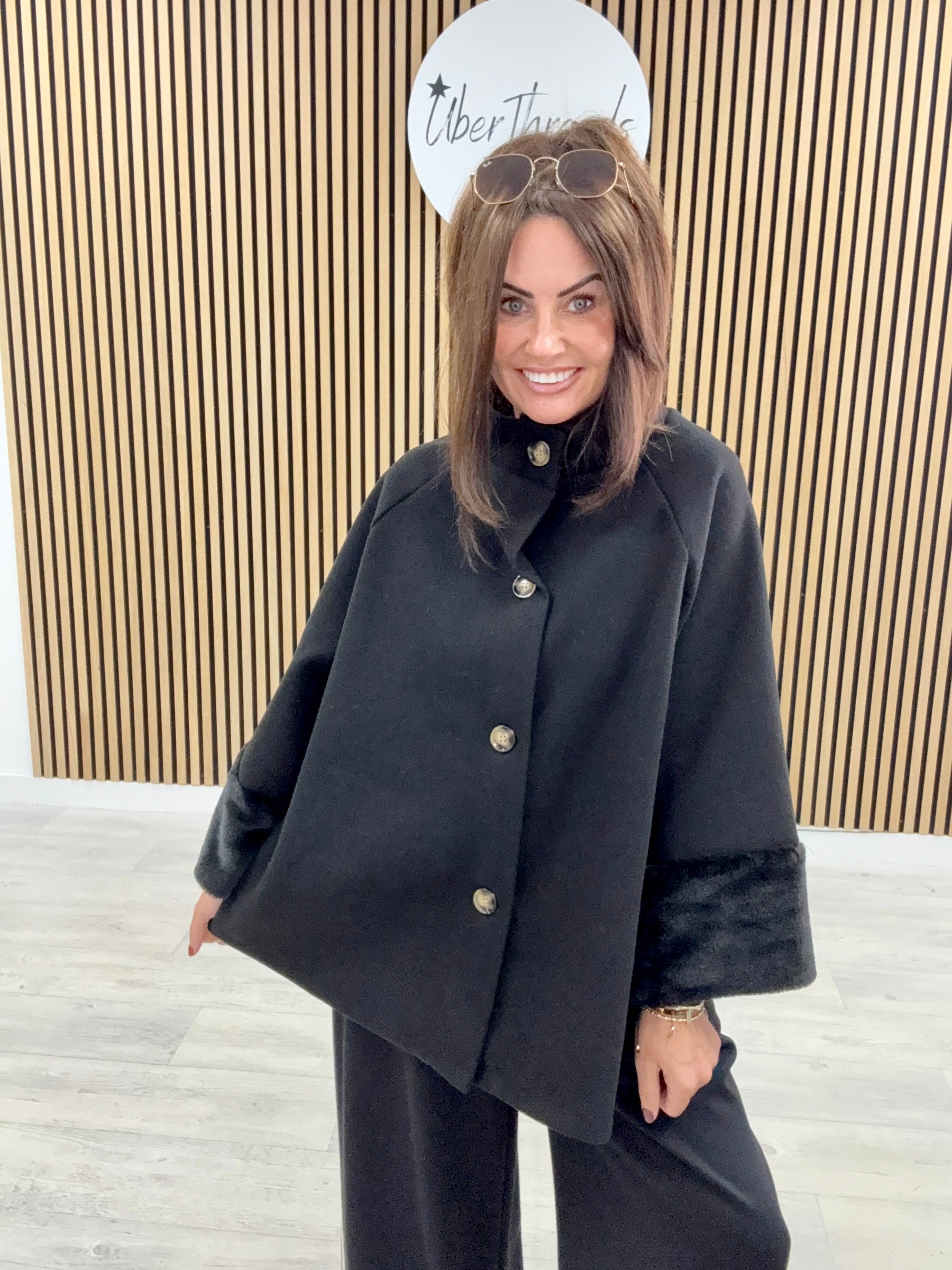 Faux Fur Sleeve Swing Jacket - Black