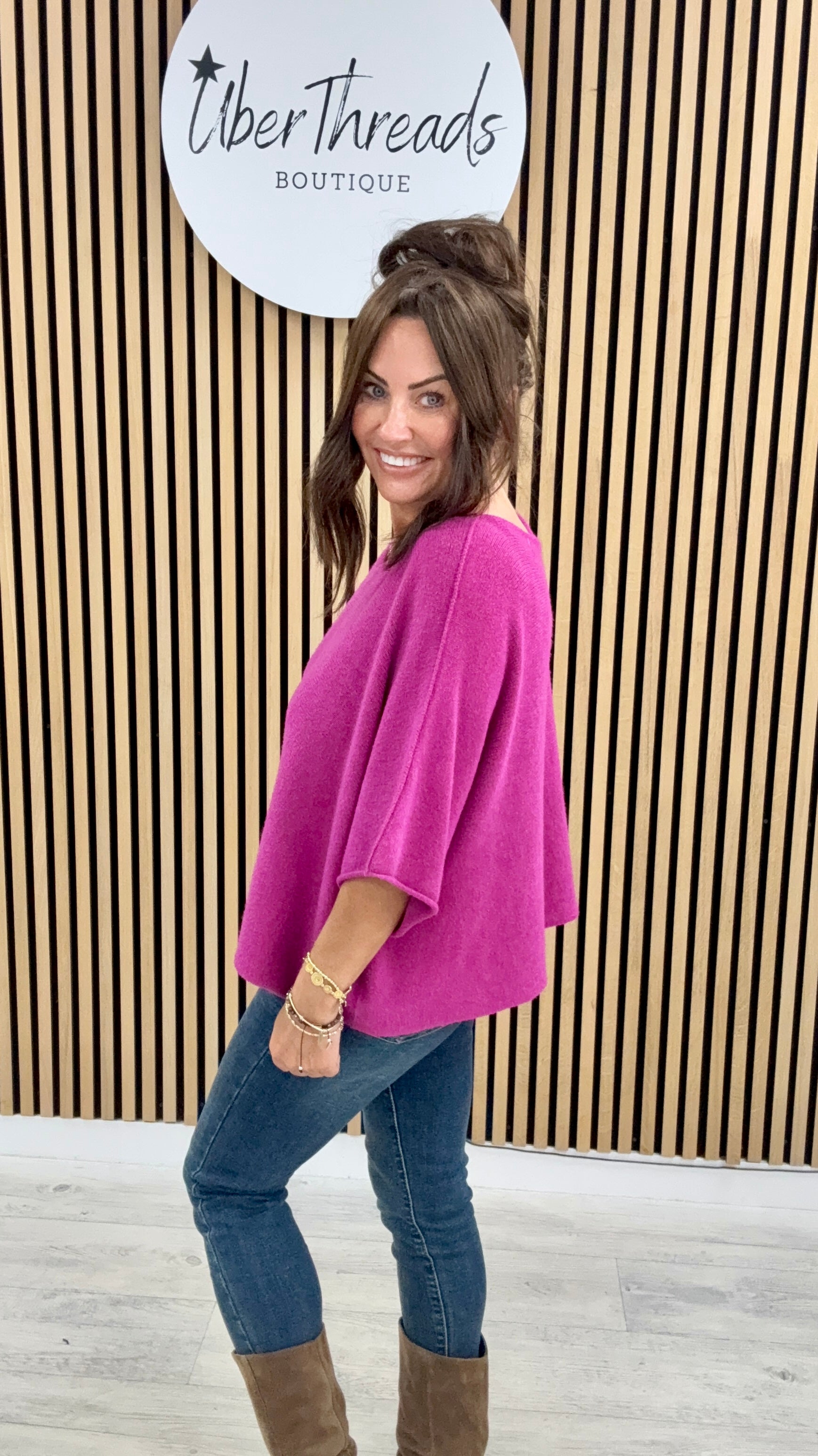 Gracie Crop Sleeve Knit - Magenta