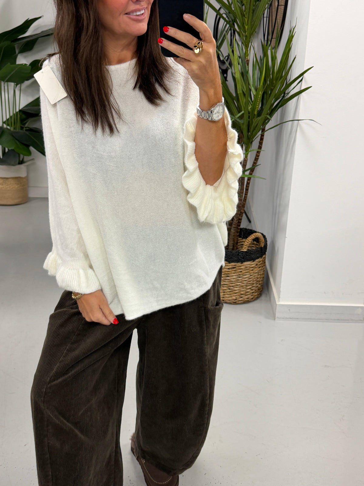 Slouchy Frill Sleeve Knit - Winter White (Size 12 - 18)