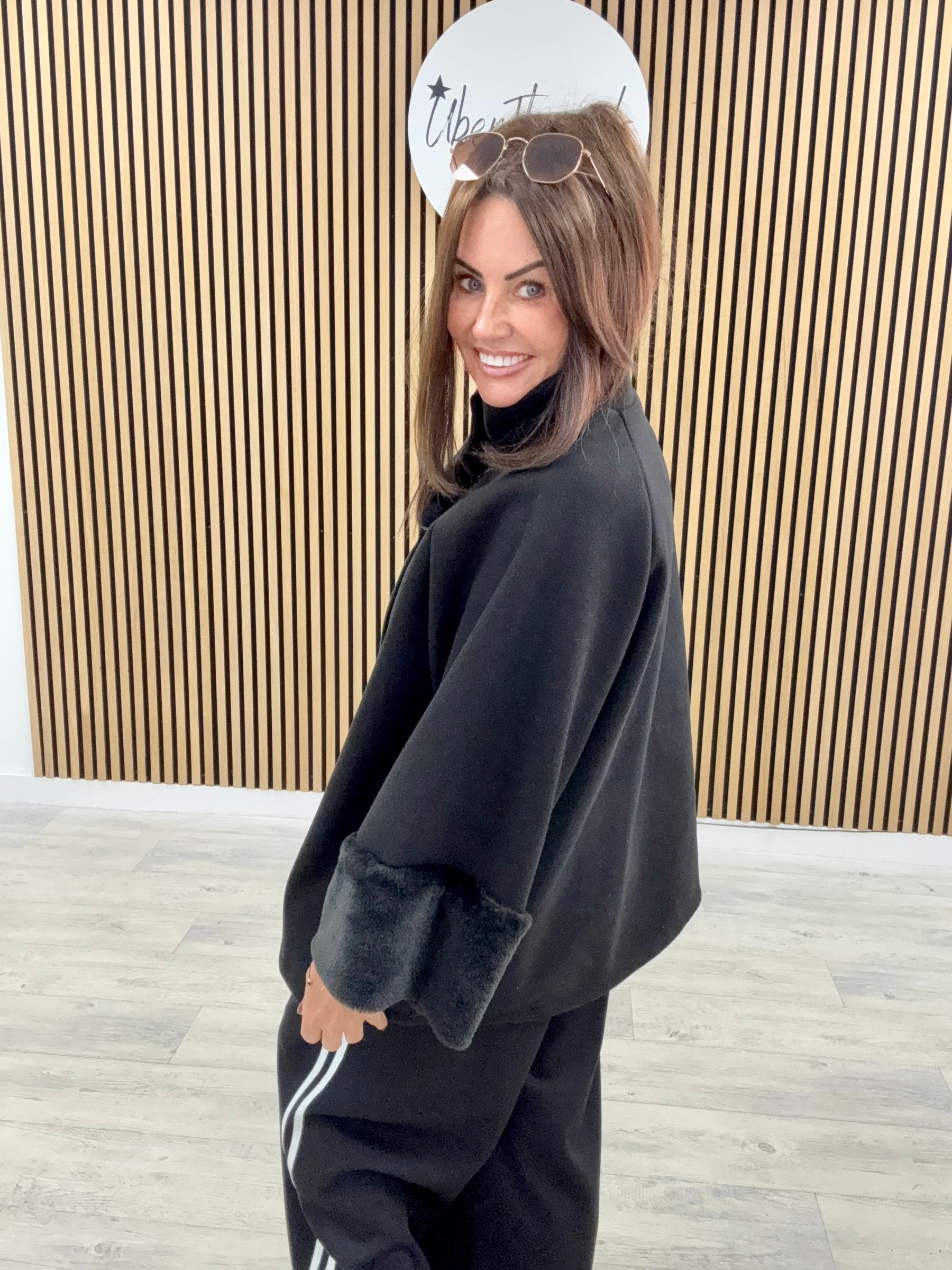 Faux Fur Sleeve Swing Jacket - Black