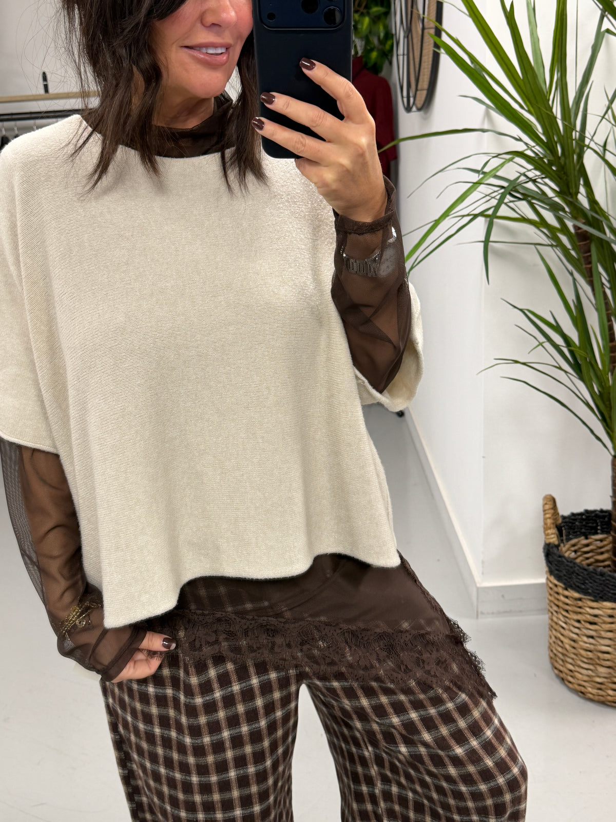 Asymmetrical lace trim lined Mesh Top - Chocolate