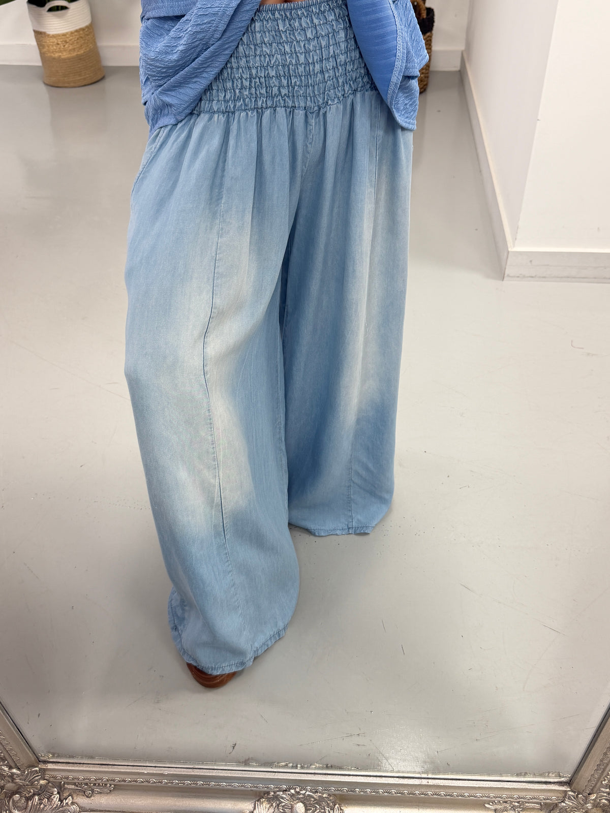 Deniably Denim - Shirred Waist Wide Leg Trouser (Light Wash)