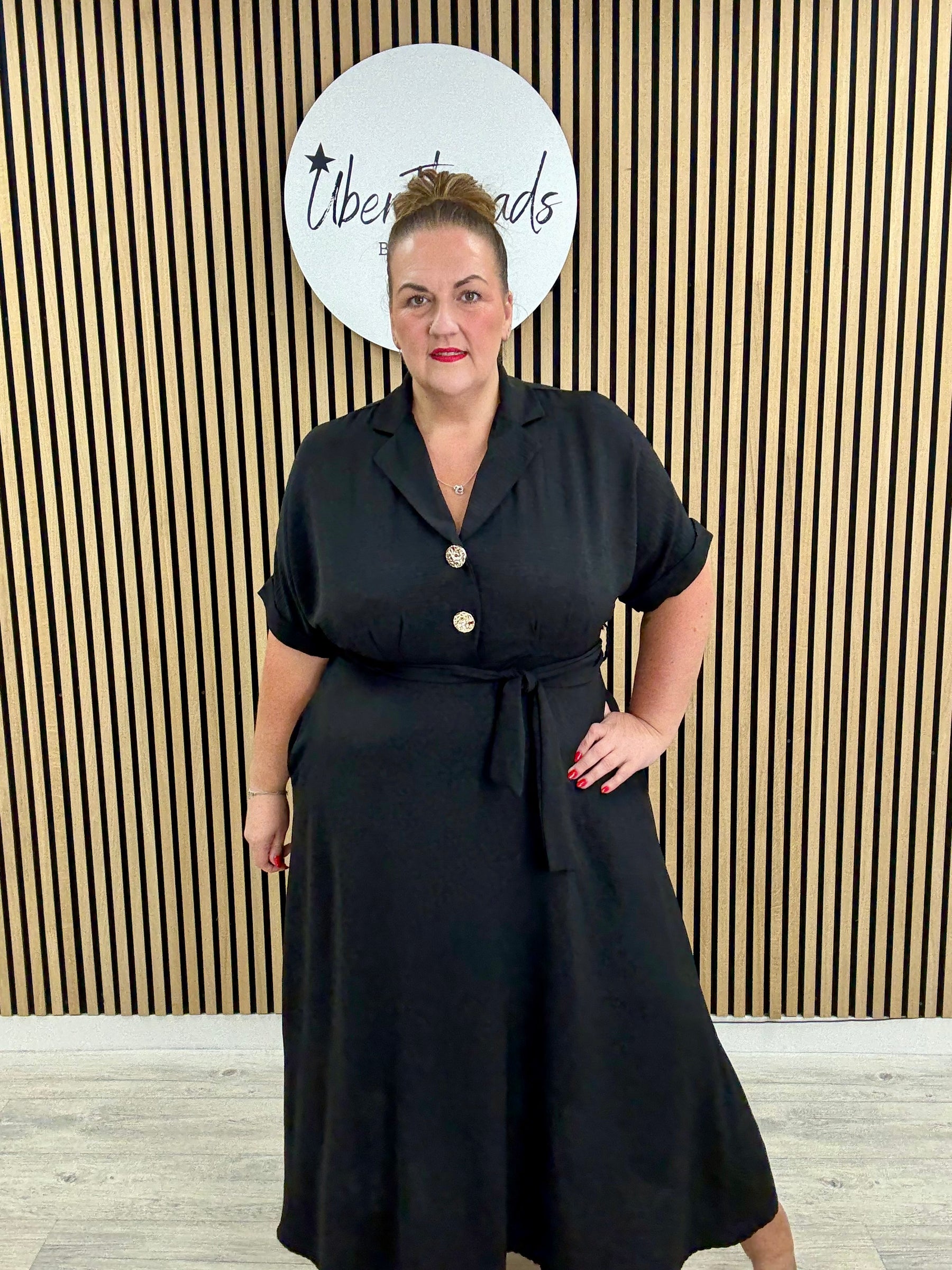 Chunky Button Belted Shirt Dress - Black