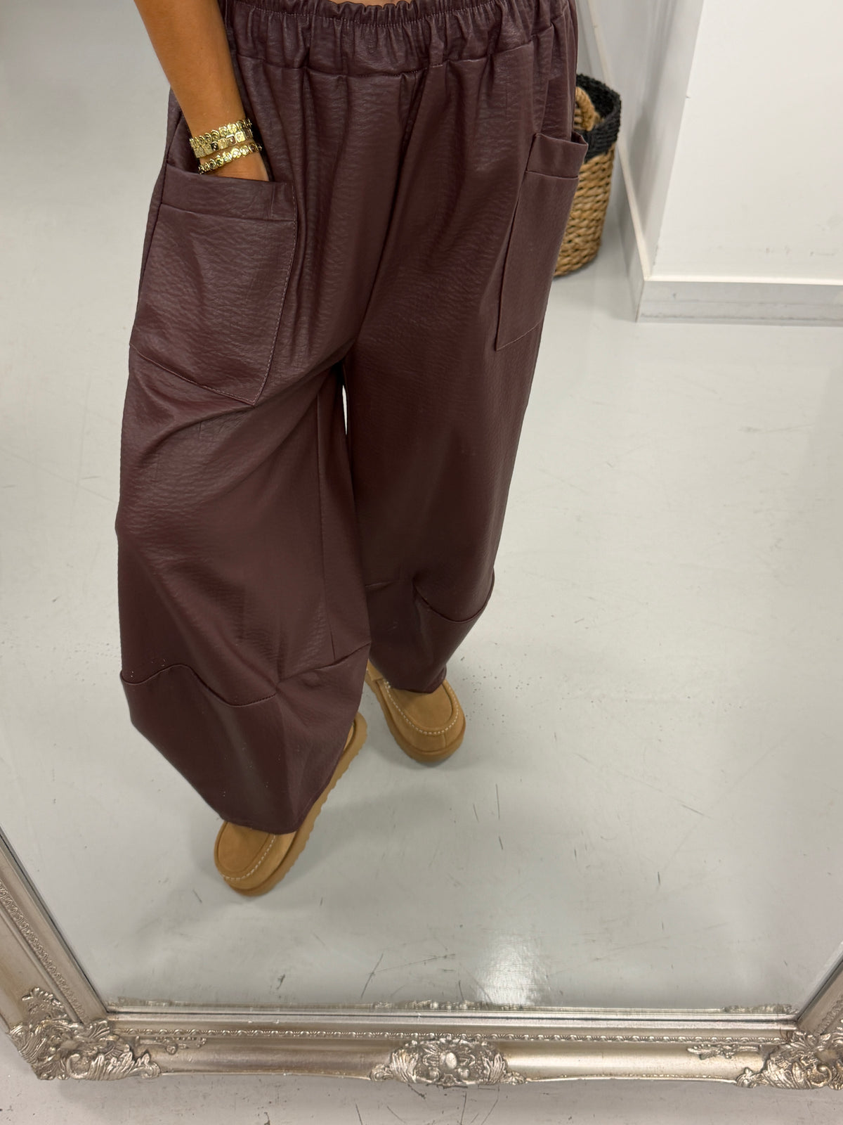 The Grained PU Tulip Trousers - Wine