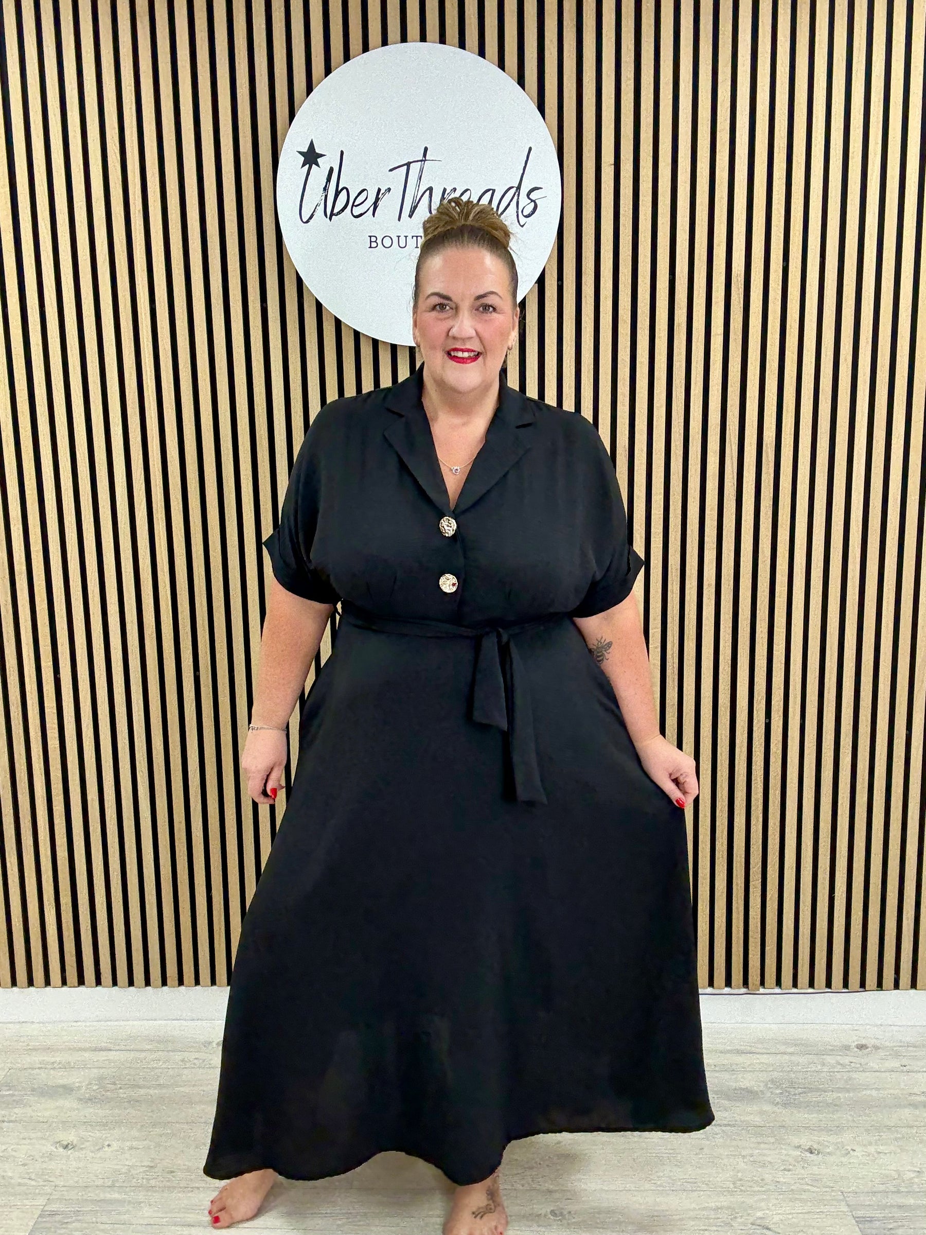 Chunky Button Belted Shirt Dress - Black