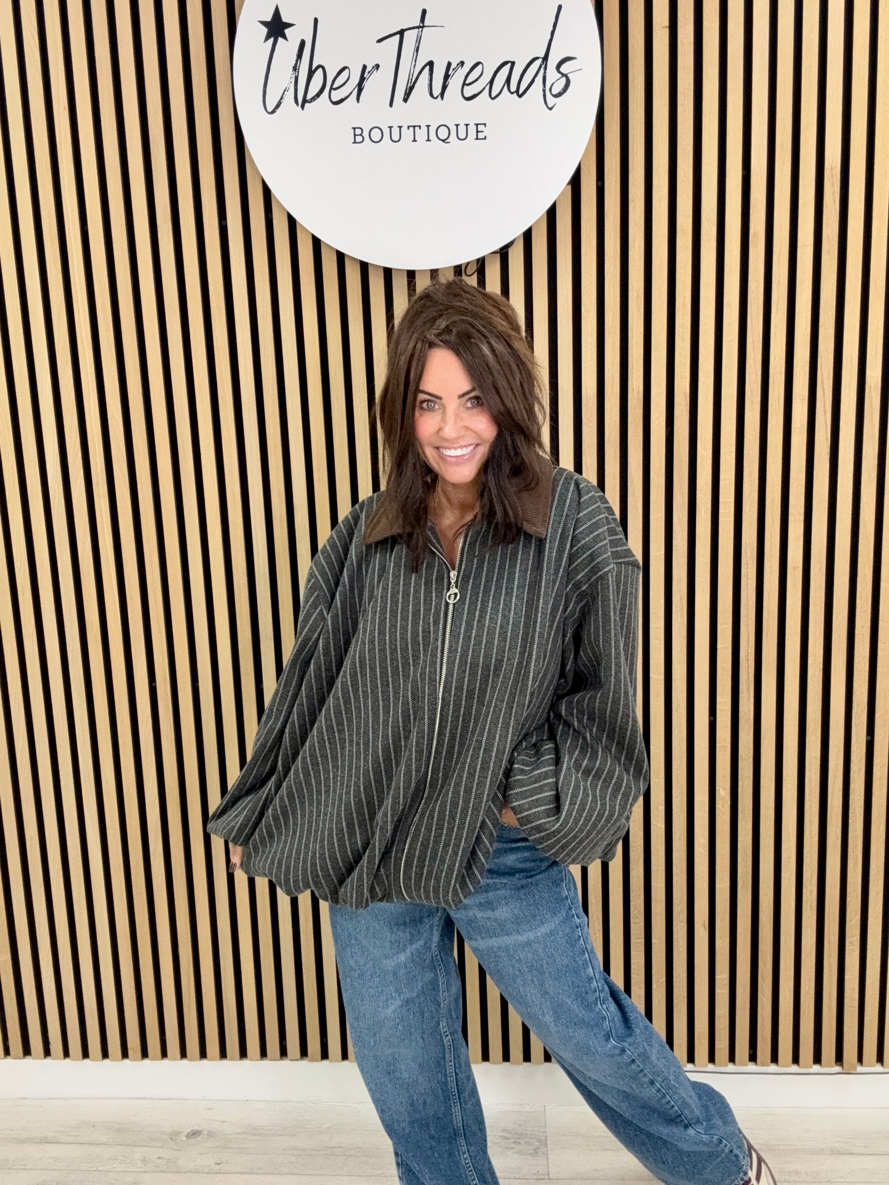 Zeta Otto Stripe And Cord Bomber - Grey