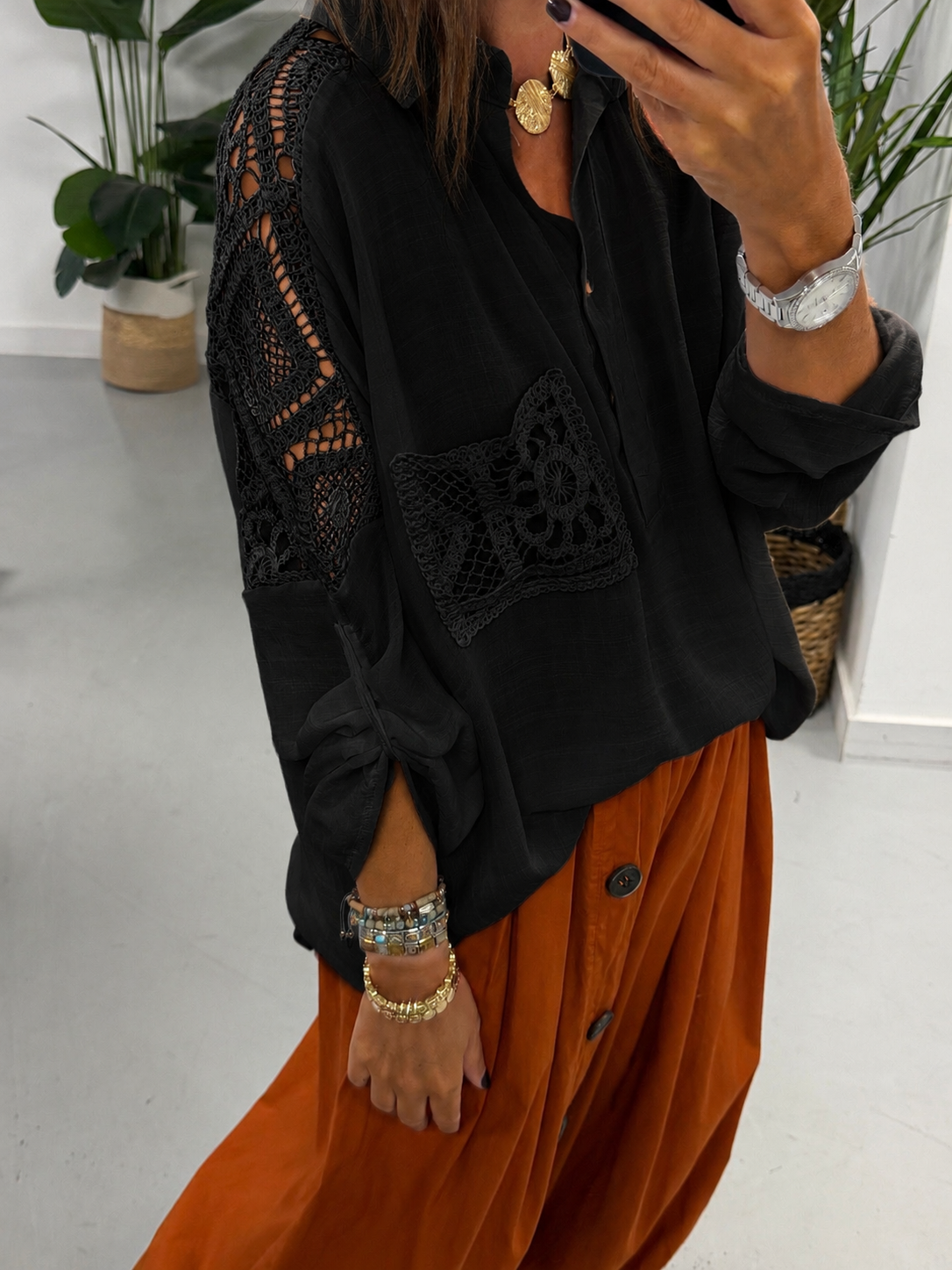 Crochet Pocket Hi Lo Tunic - Black