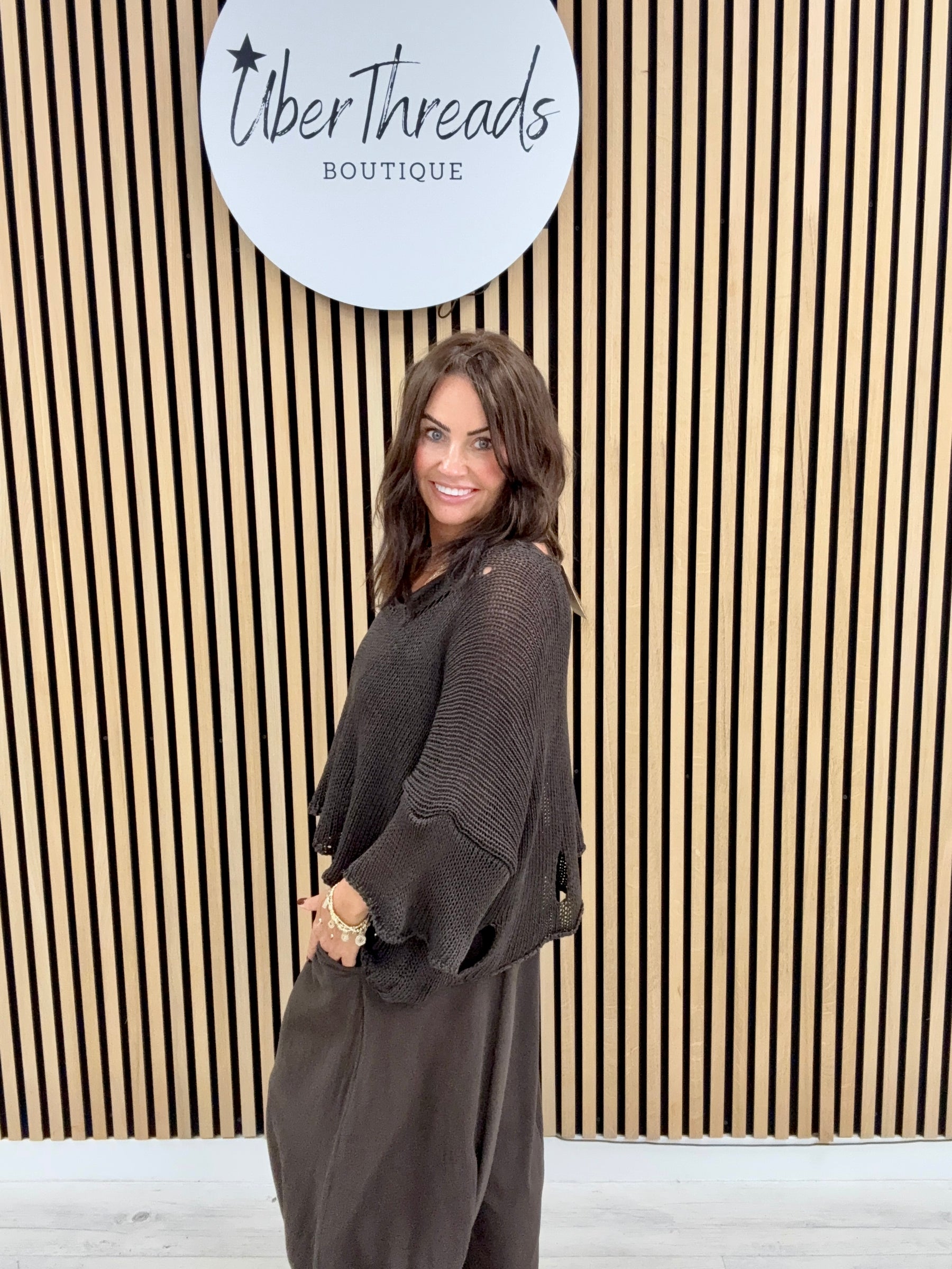 V Neck Holey Knit - Chocolate