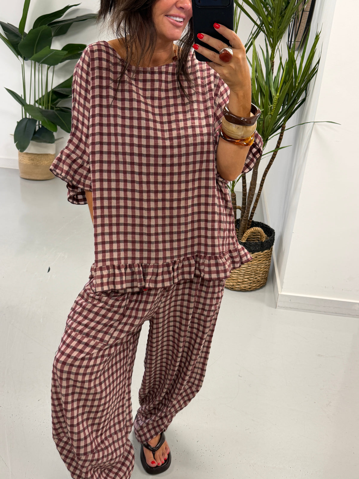 The Autumn Check Ruffle Tunic - Wine
