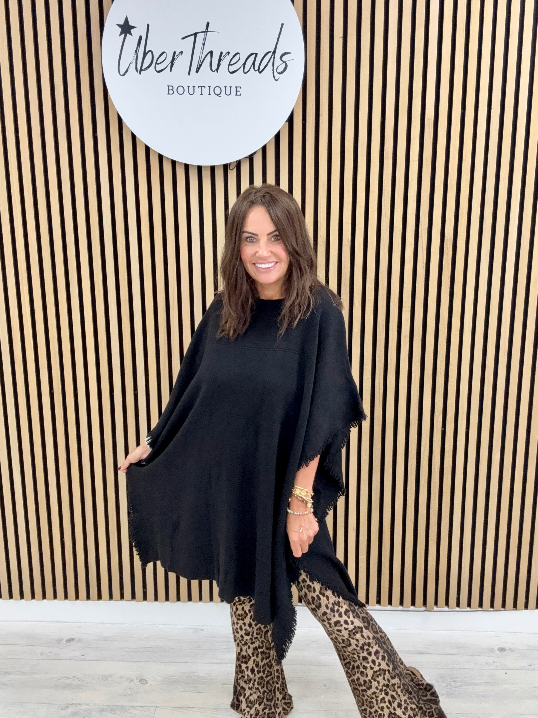 The Frayed Button Poncho - Black