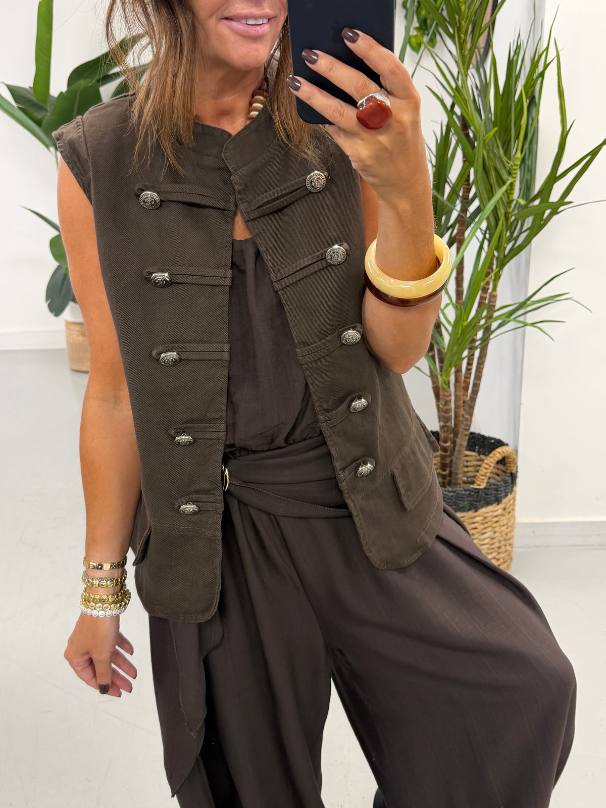 Denim Military Waistcoat - Chocolate