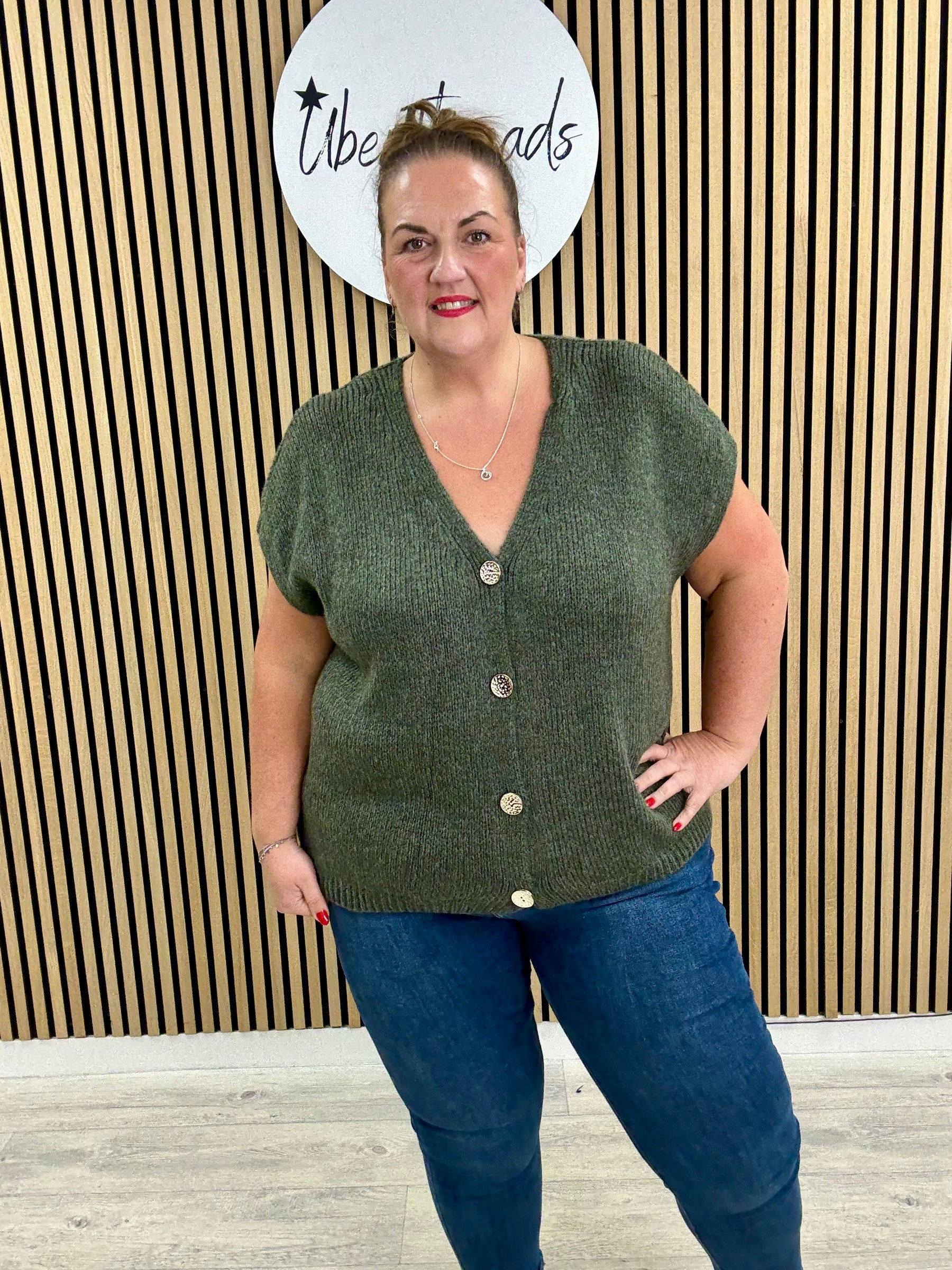 The Knitted Gold Button Waistcoat - Khaki