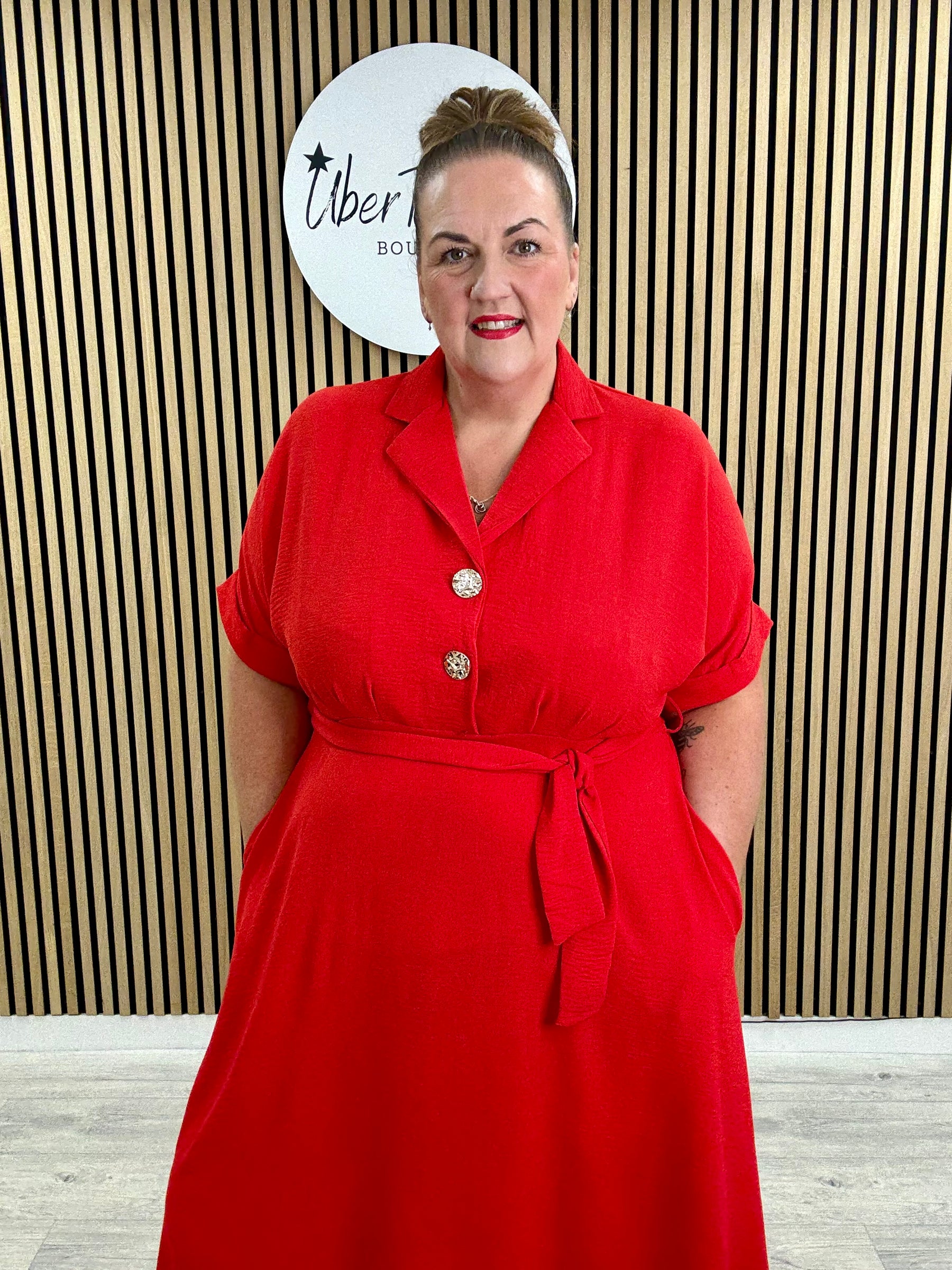 Chunky Button Belted Shirt Dress - Red