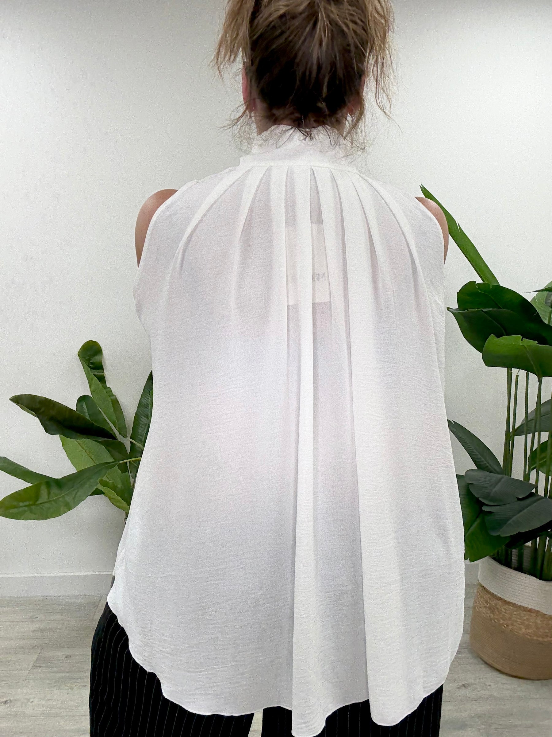 Sleeveless Pussy Bow - White