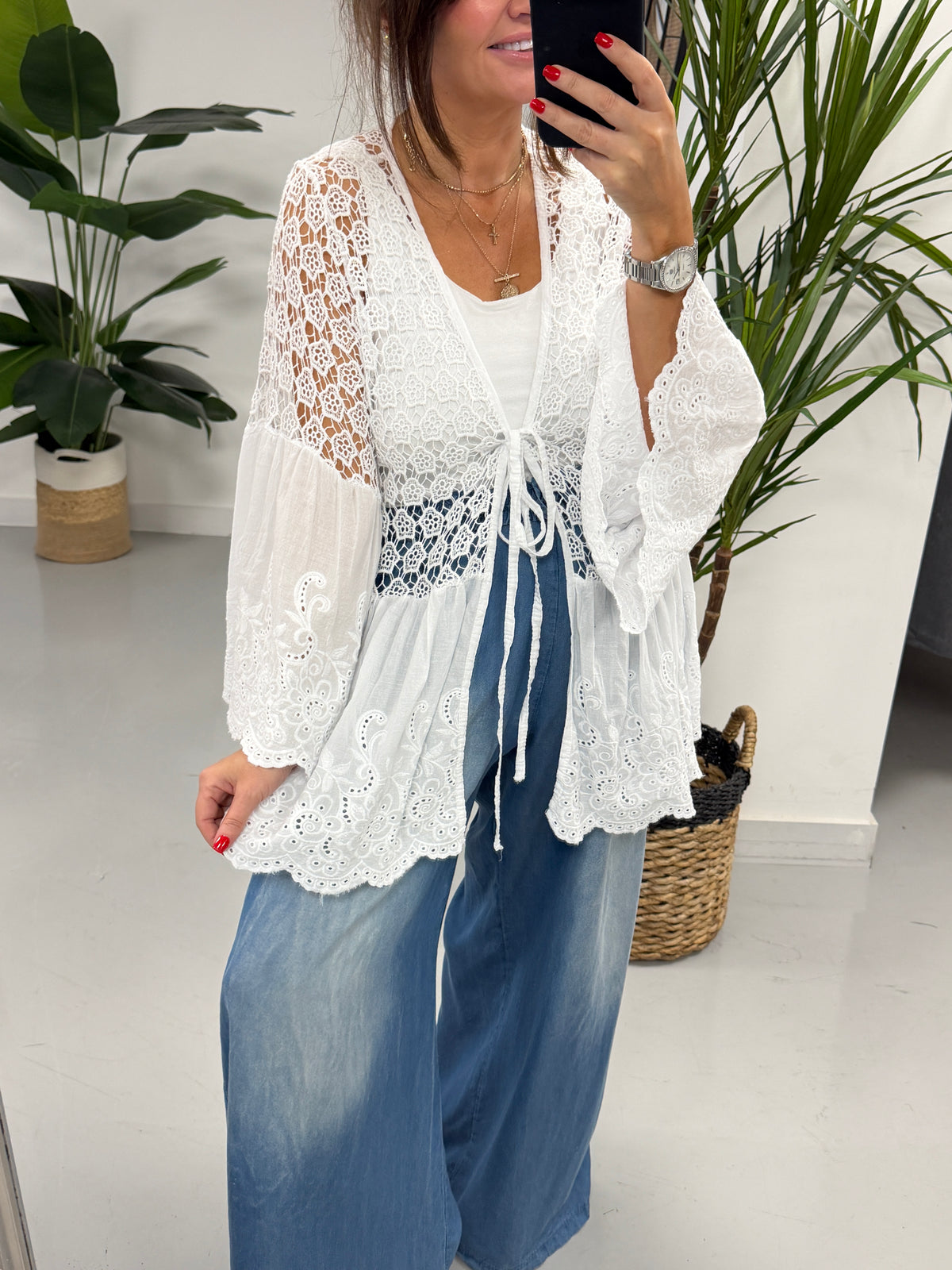 Sorrento Crochet/Broderie Tie Front - White
