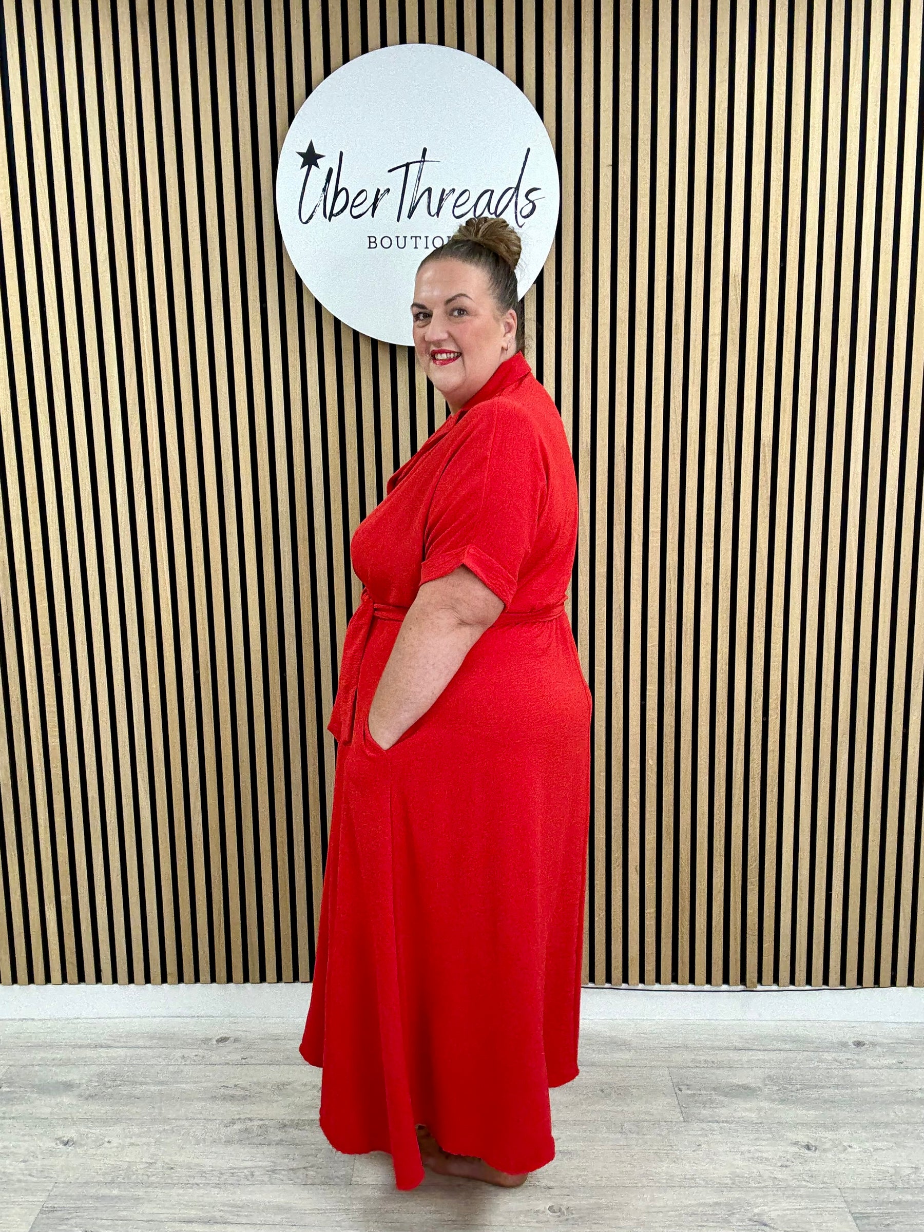 Chunky Button Belted Shirt Dress - Red