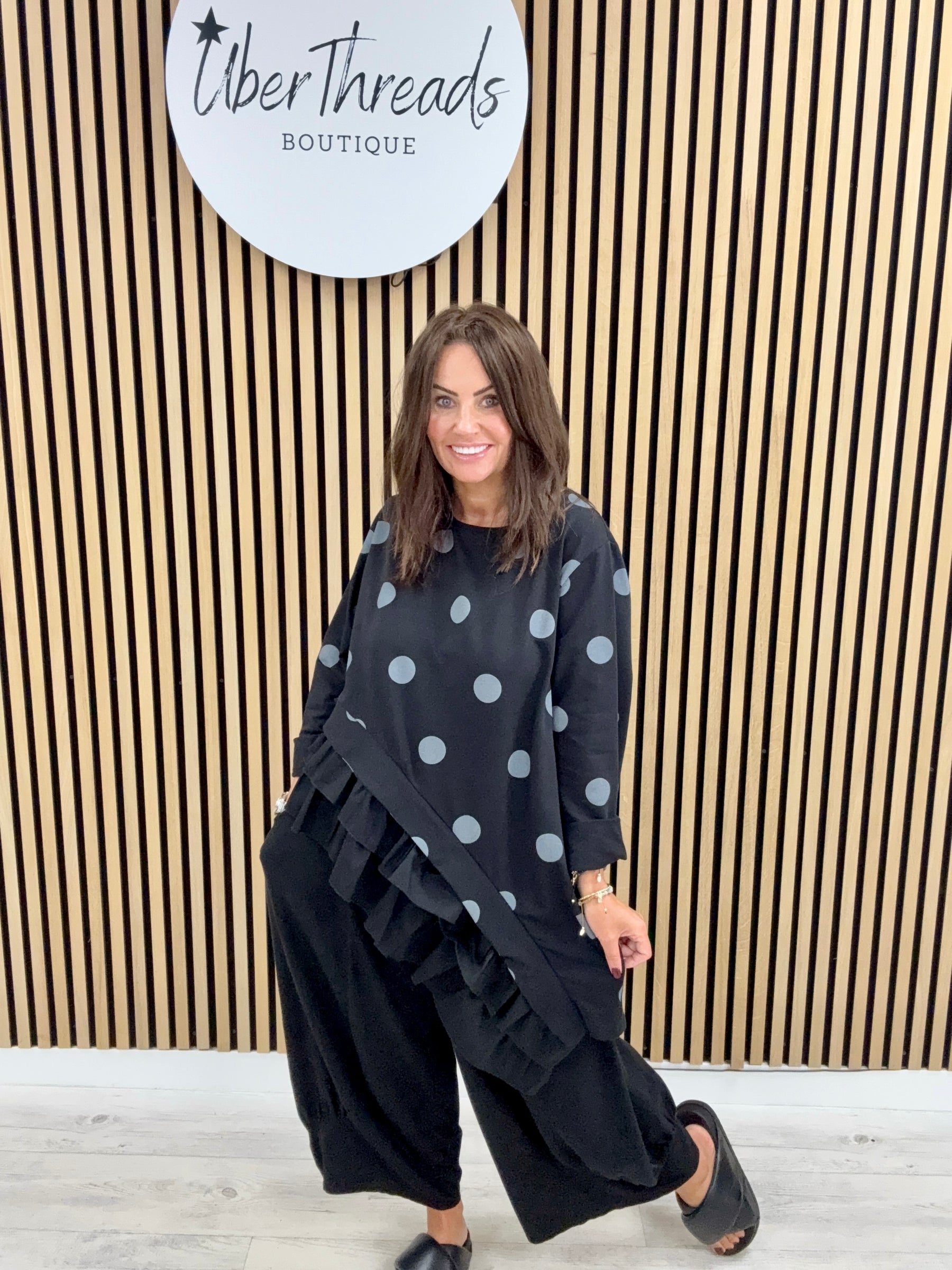 I.D Clothing Polka Dot Frill Tunic - Black