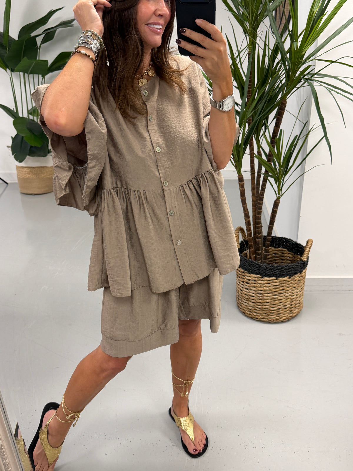 Peplum Button Short Set - Taupe