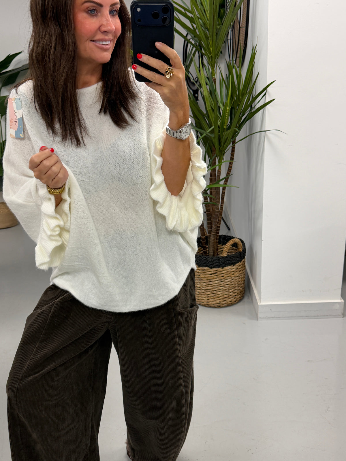 Slouchy Frill Sleeve Knit - Winter White (Size 12 - 18)