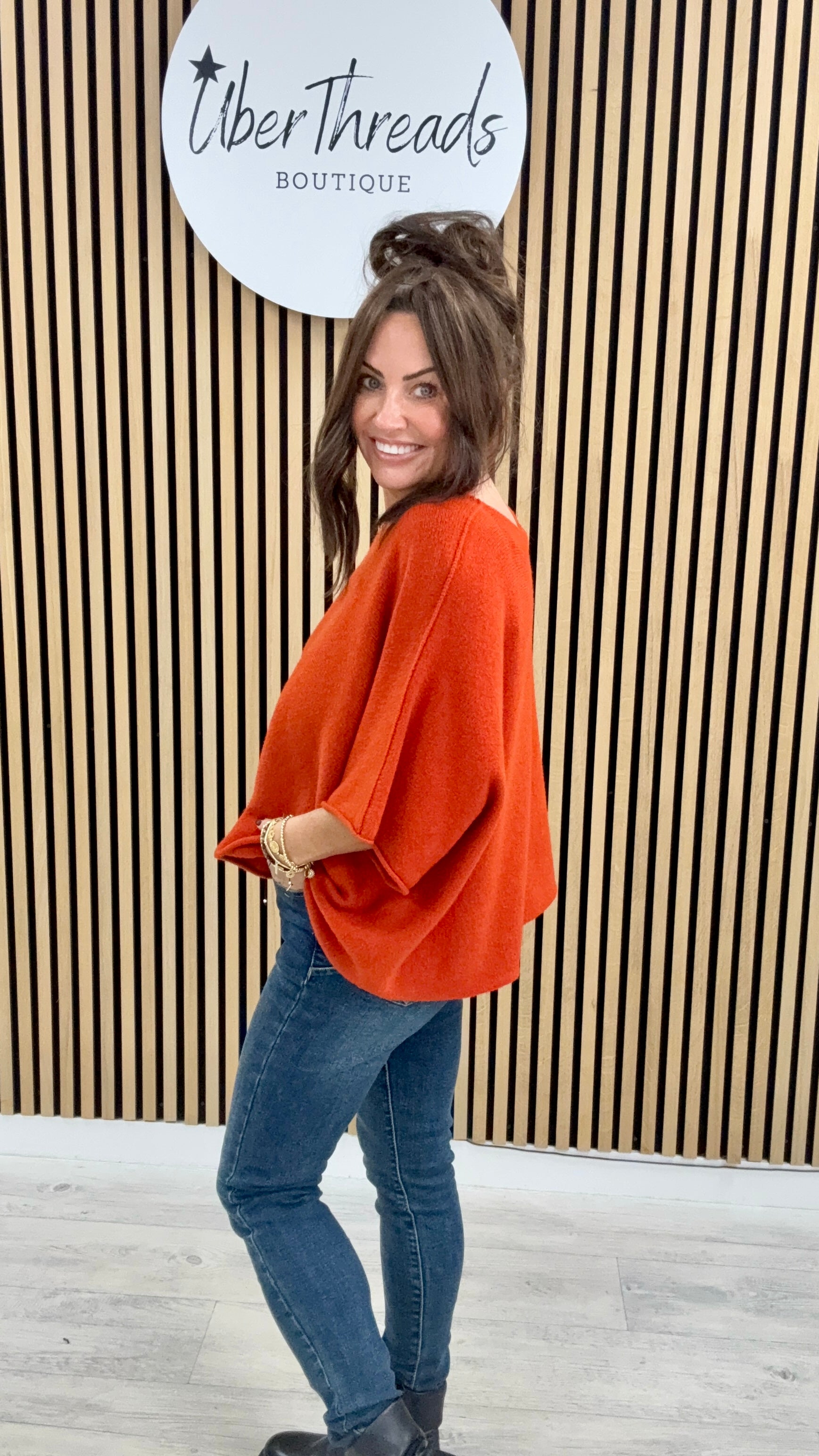 Gracie Crop Sleeve Knit - Burnt Orange