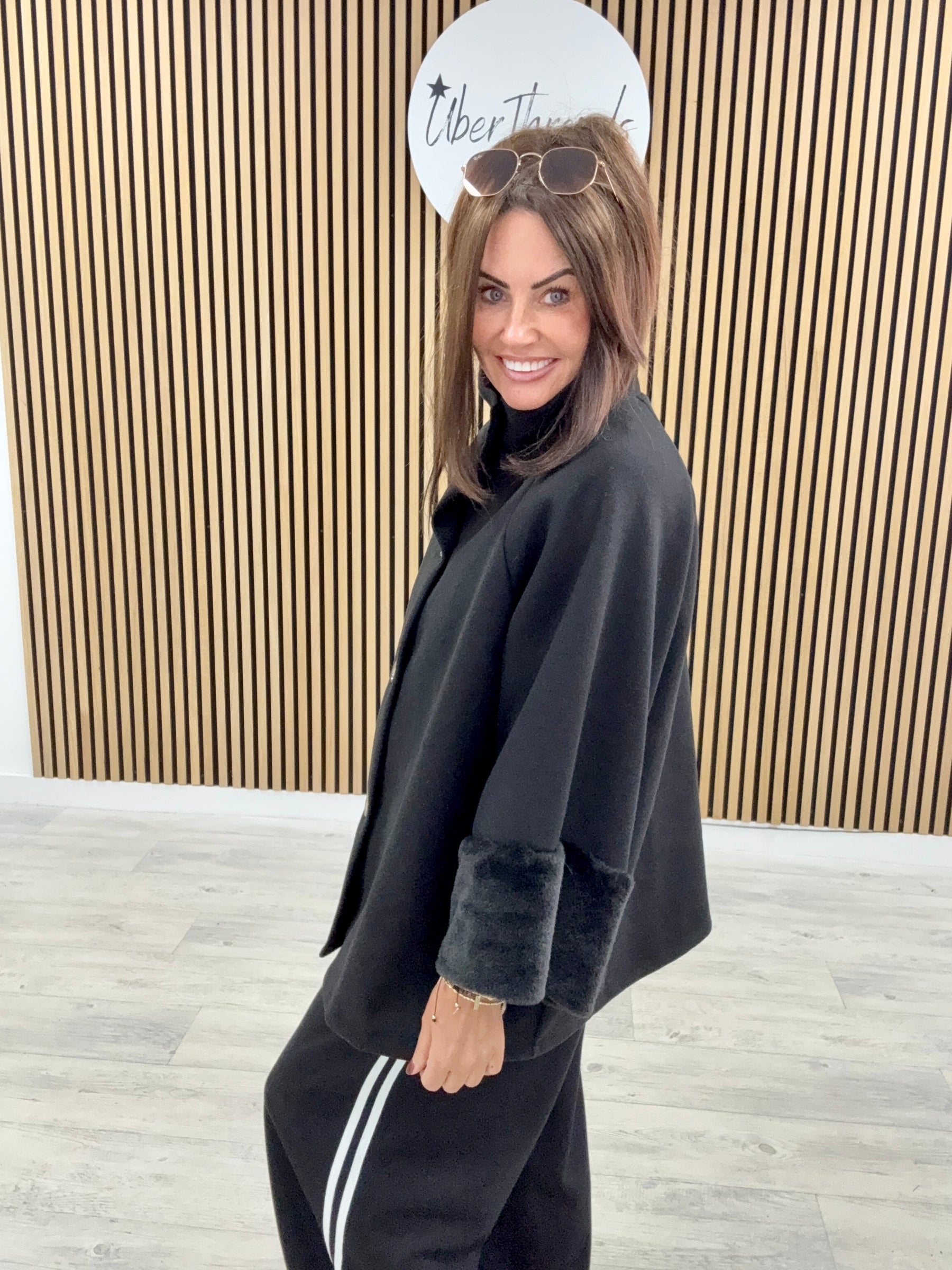 Faux Fur Sleeve Swing Jacket - Black