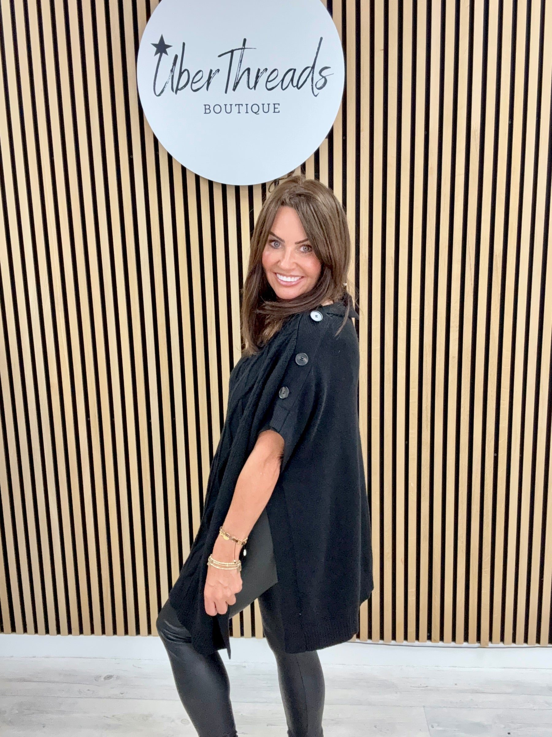 The Marina Button Poncho - Black