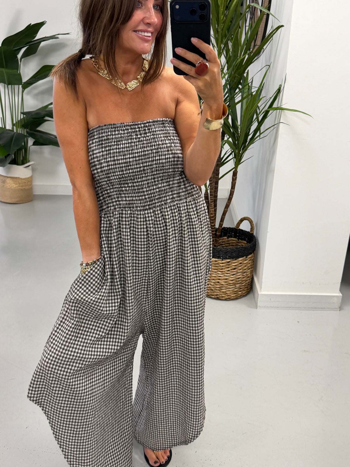 Gingham Genie Bandeau Jumpsuit -Chocolate