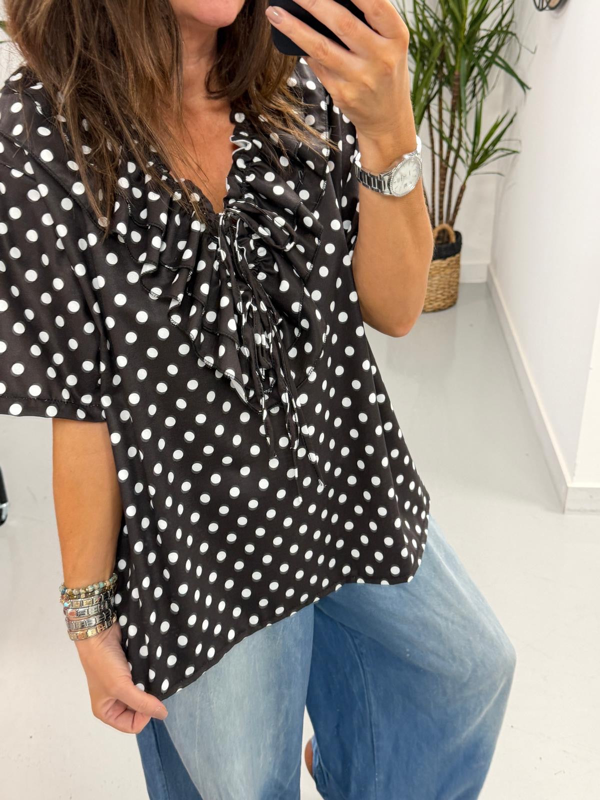 Spot the Double Ruffle Tie Blouse - Black