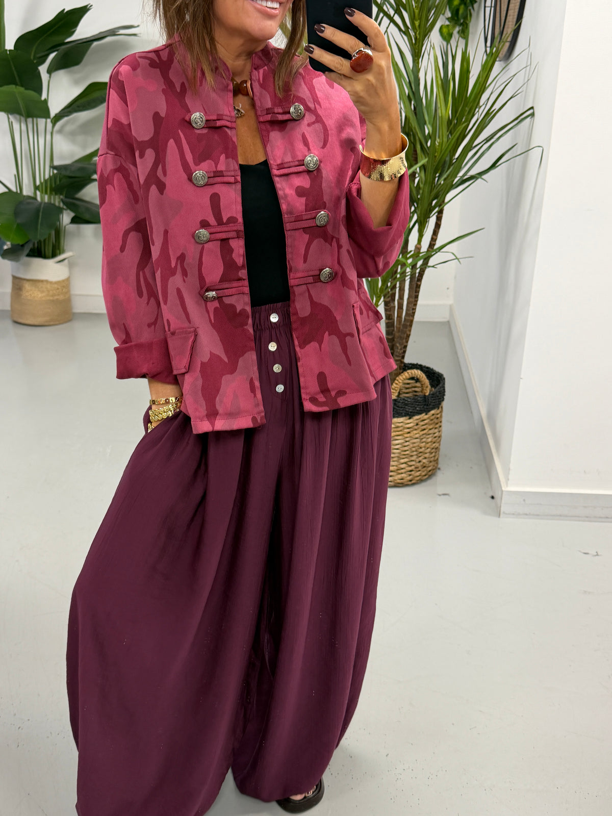 Camo Denim Military Jacket - Wine