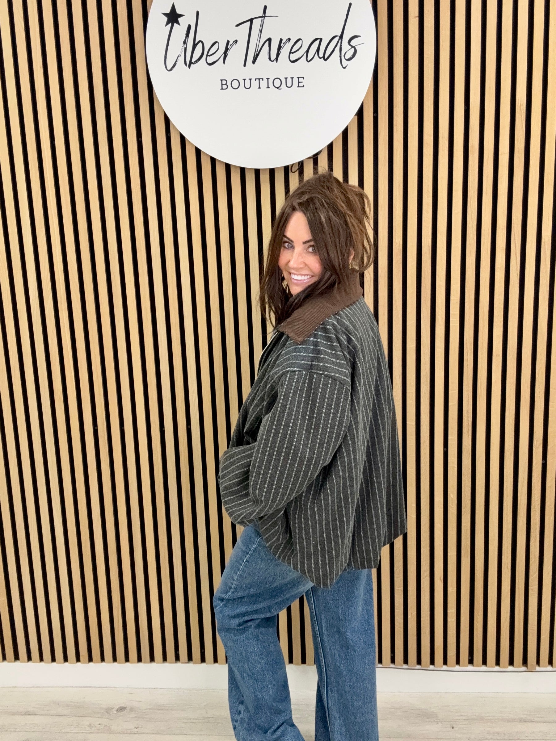 Zeta Otto Stripe And Cord Bomber - Grey
