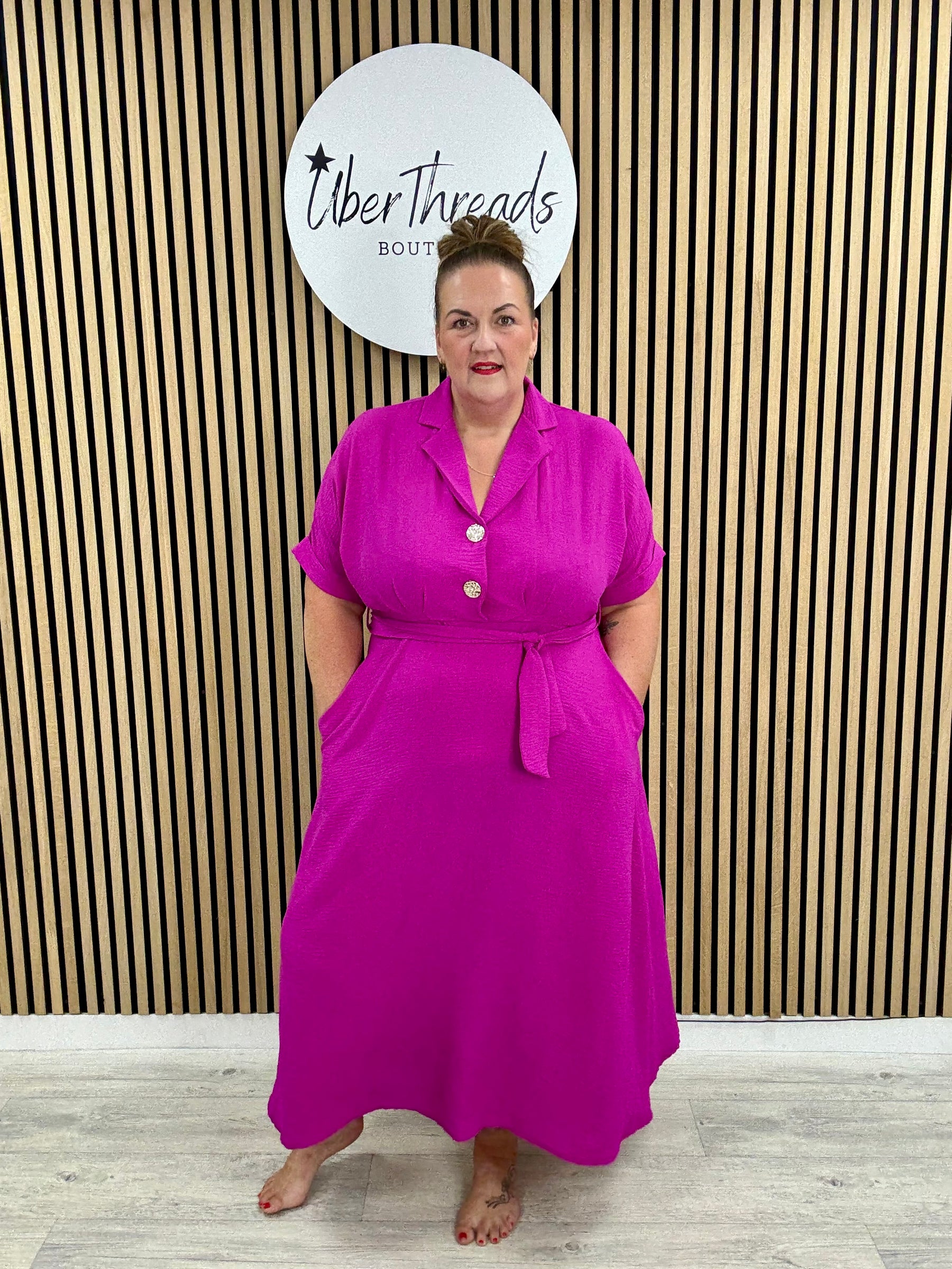 Chunky Button Belted Shirt Dress - Magenta