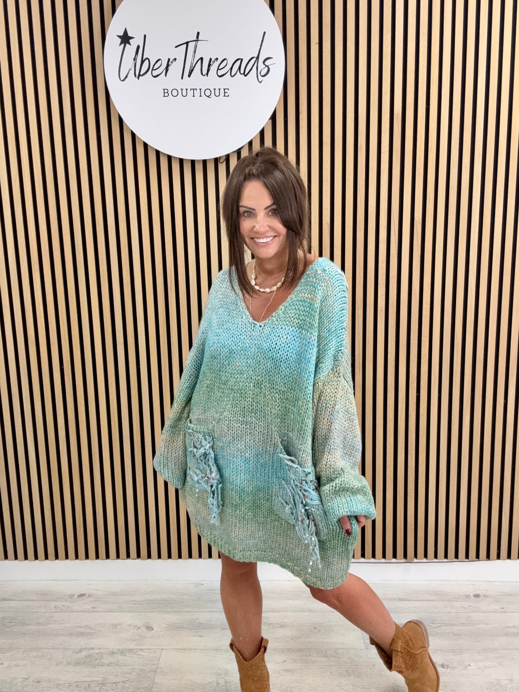 The Harlow Fringed Pocket Knit - Blue