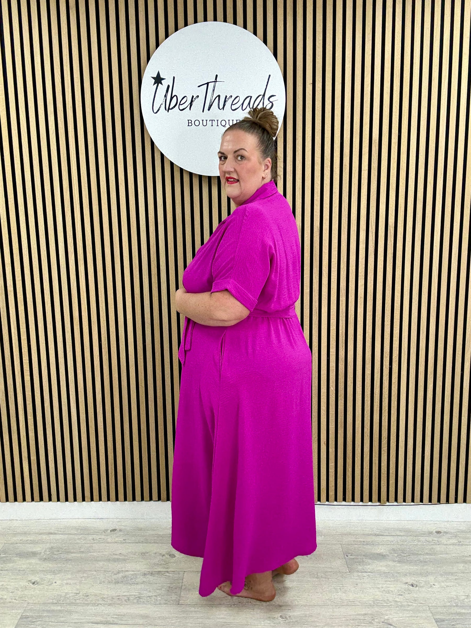 Chunky Button Belted Shirt Dress - Magenta