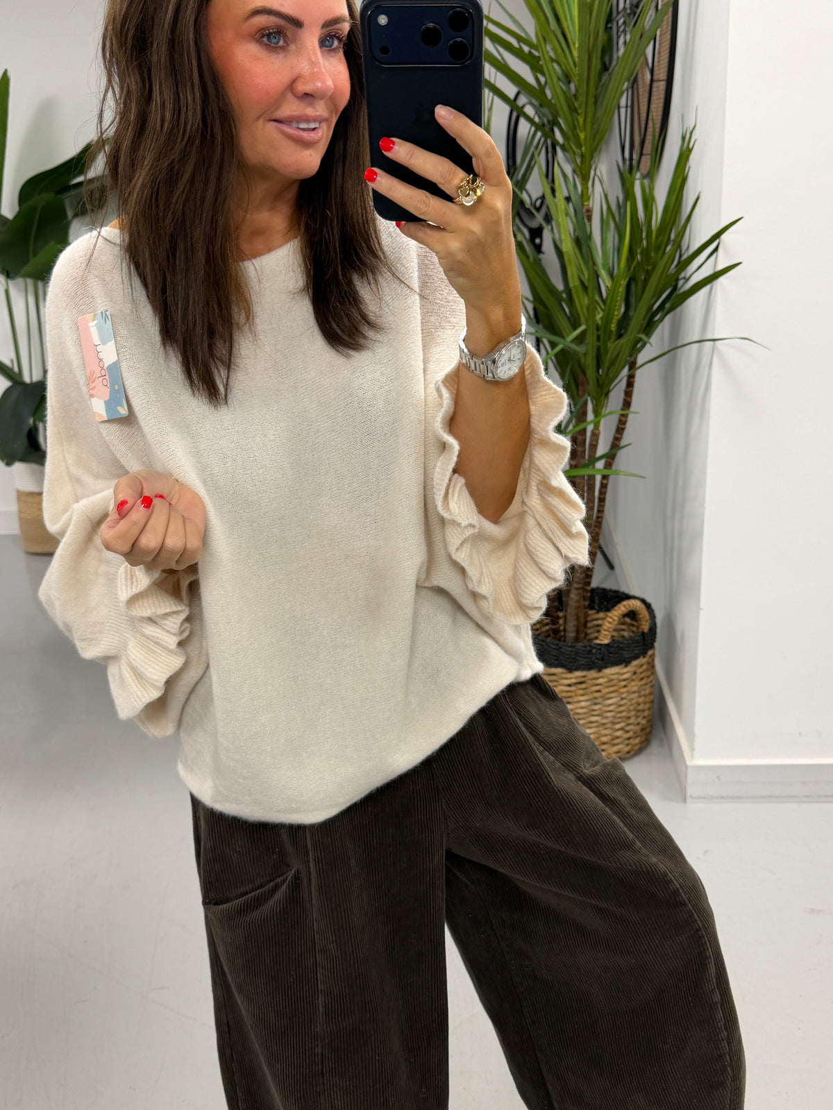 Slouchy Frill Sleeve Knit - Antique Cream (Size 12 - 18)