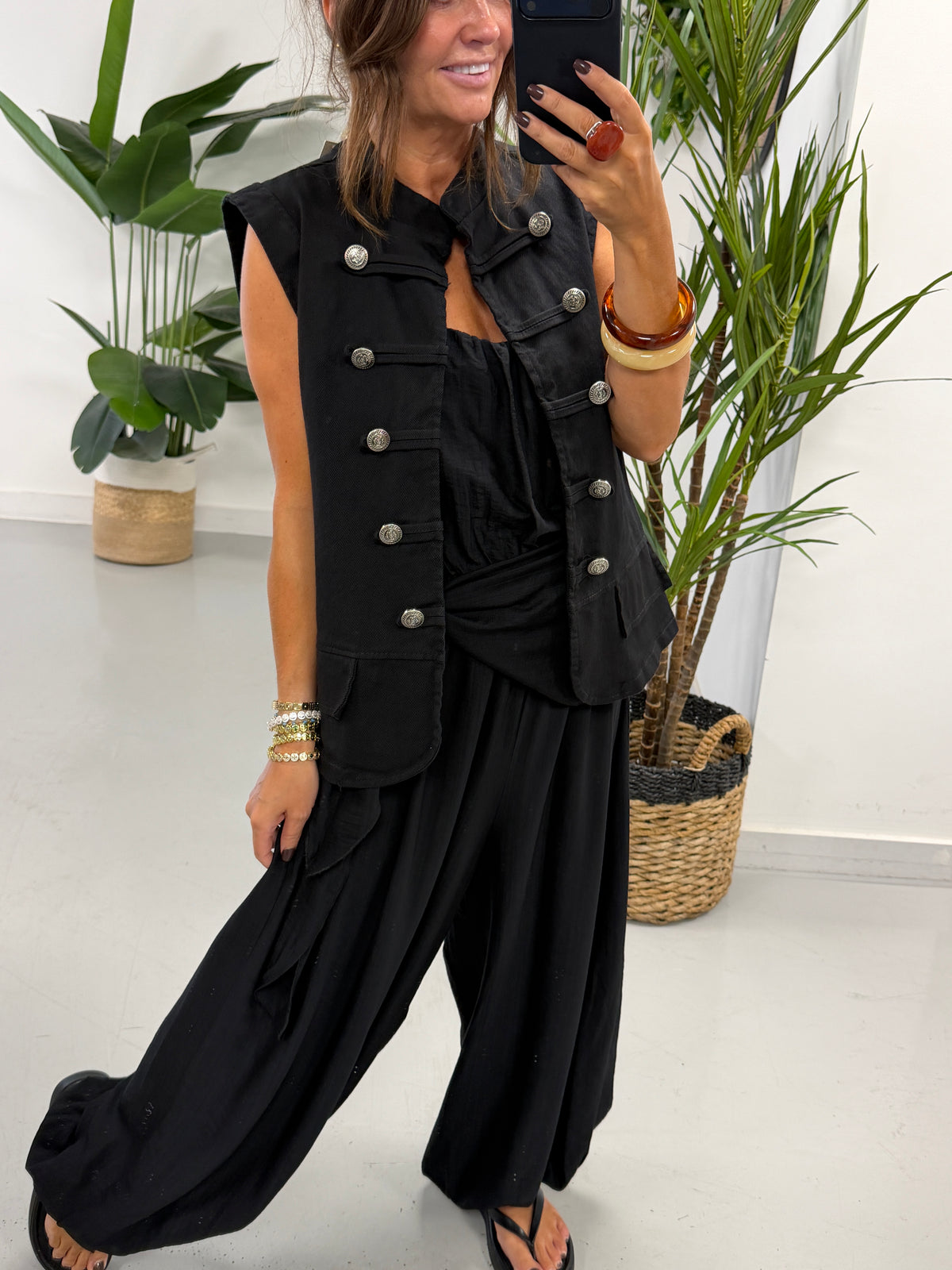 Denim Military Waistcoat - Black