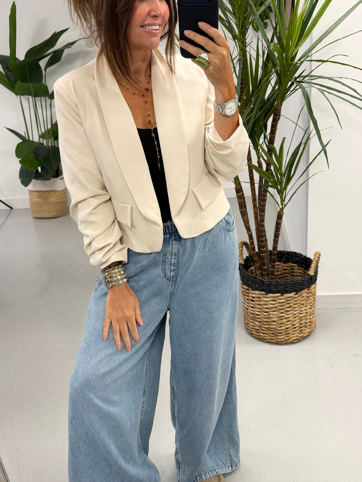 Ruched Sleeve Blazer - Cream