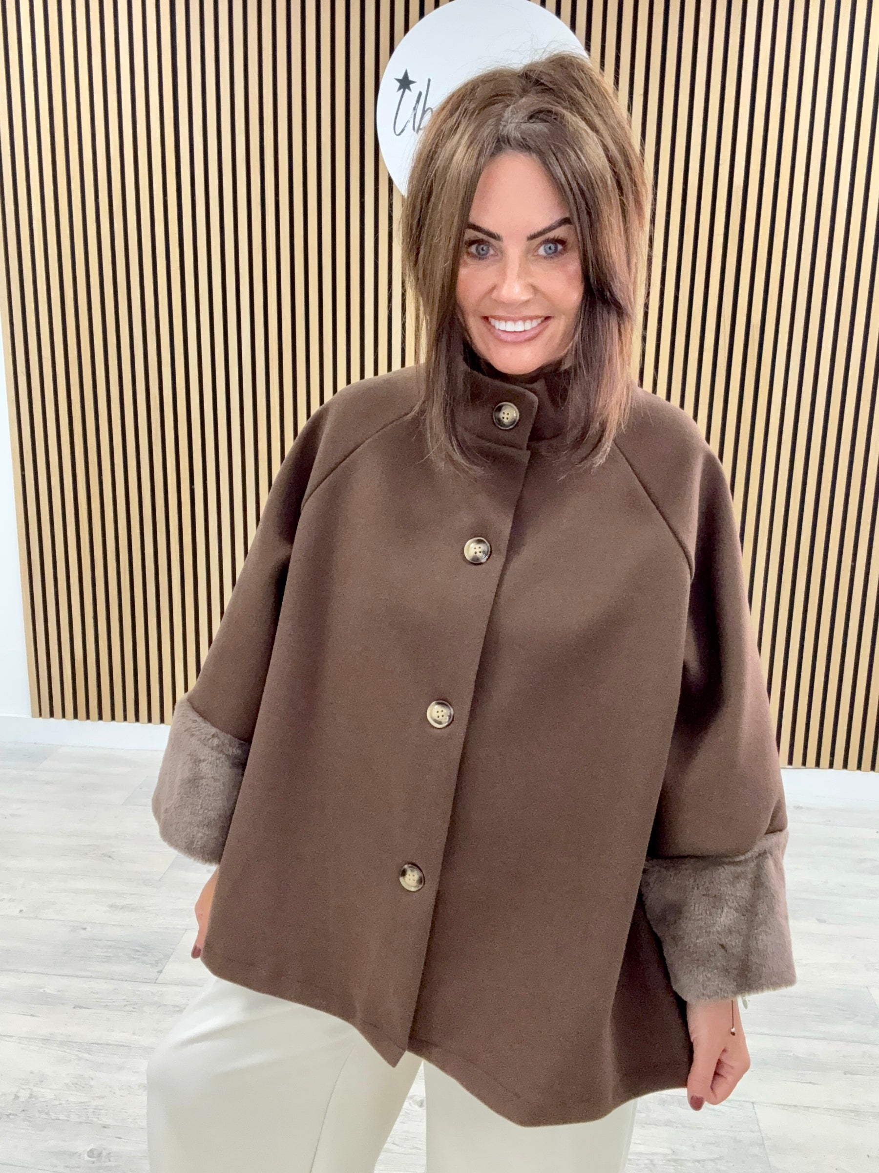 Faux Fur Sleeve Swing Jacket - Chocolate