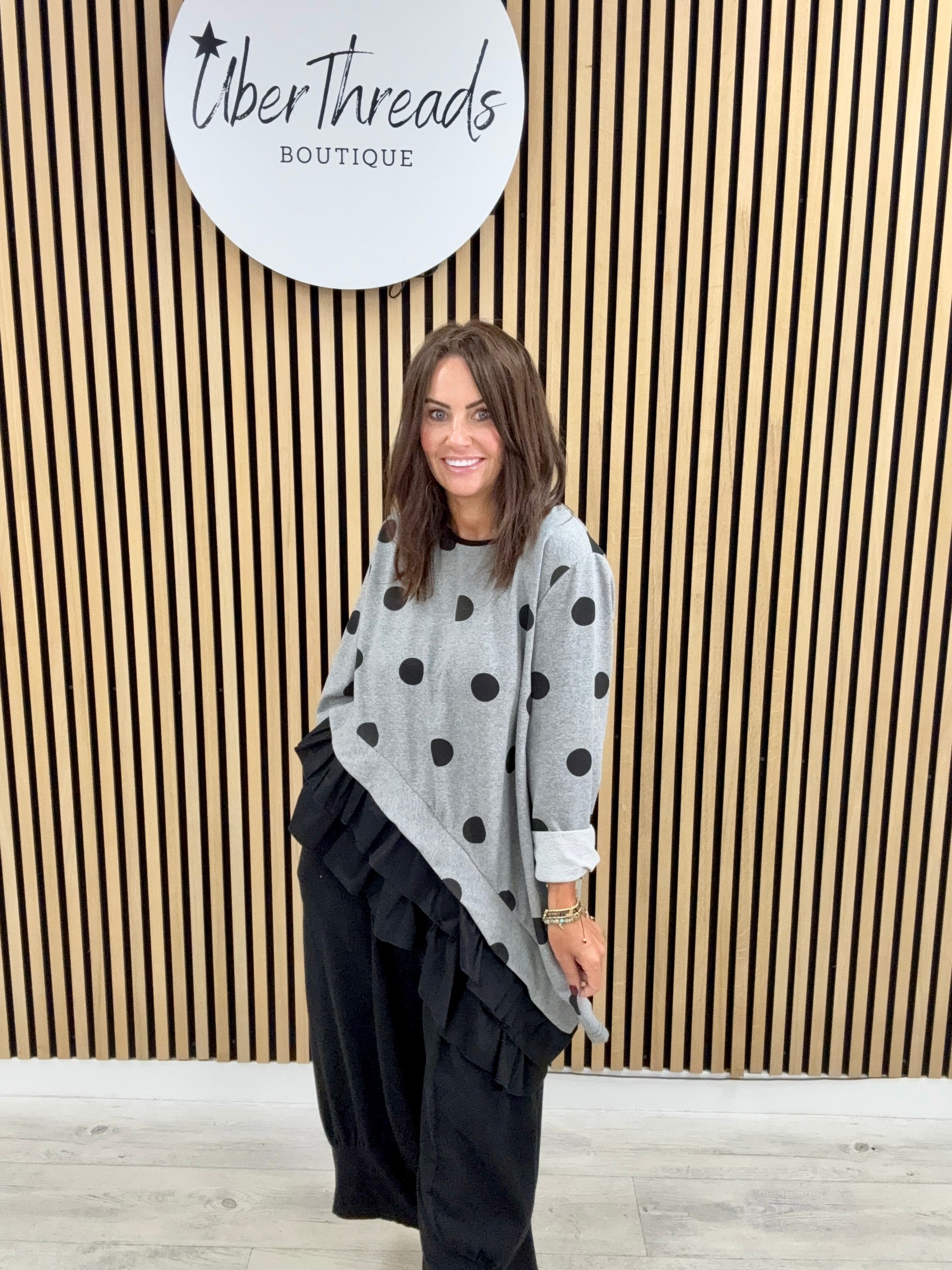 I.D Clothing Polka Dot Frill Tunic - Grey