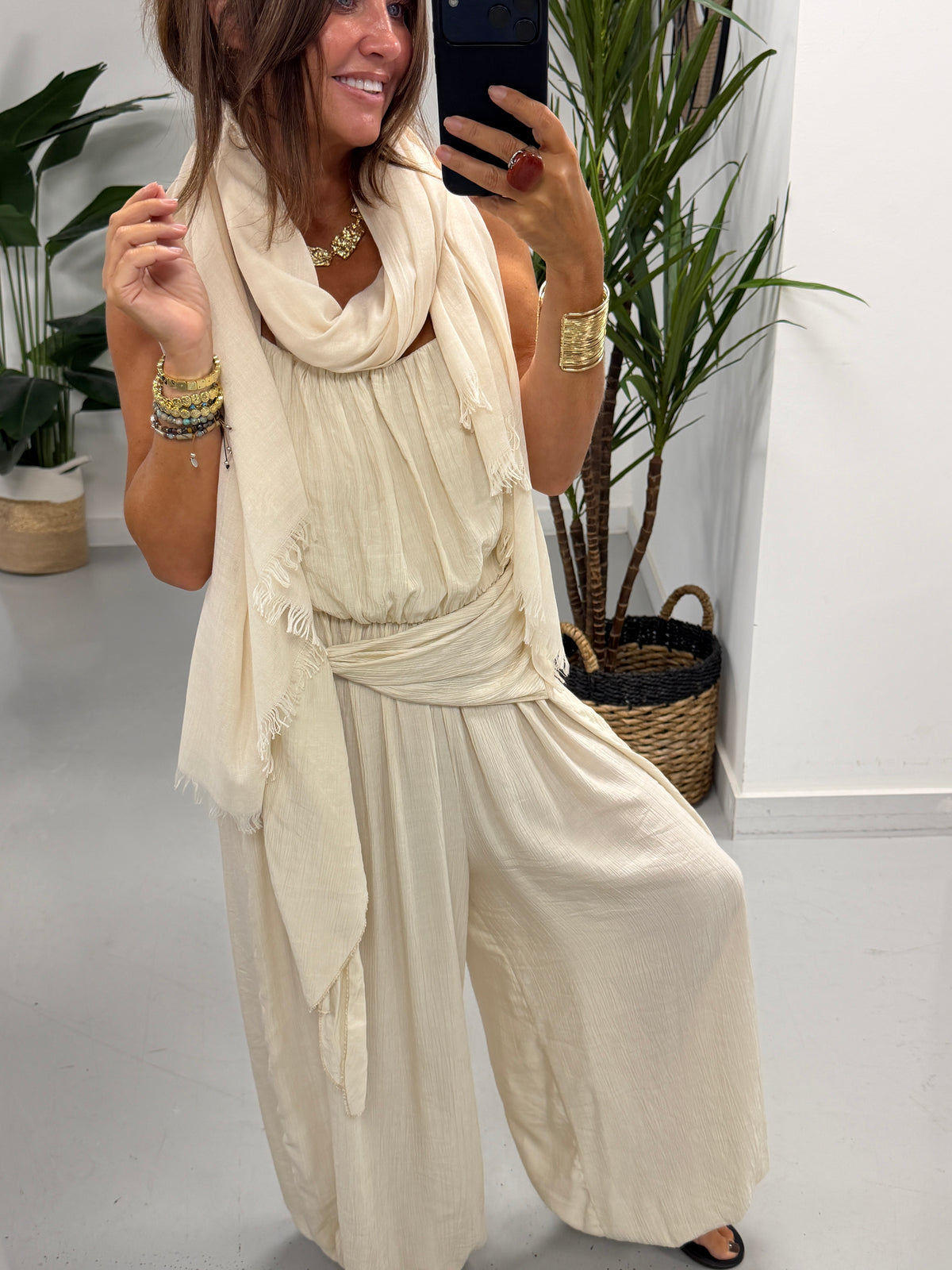 Wrap Crinkle Balloon Jumpsuit - Cream